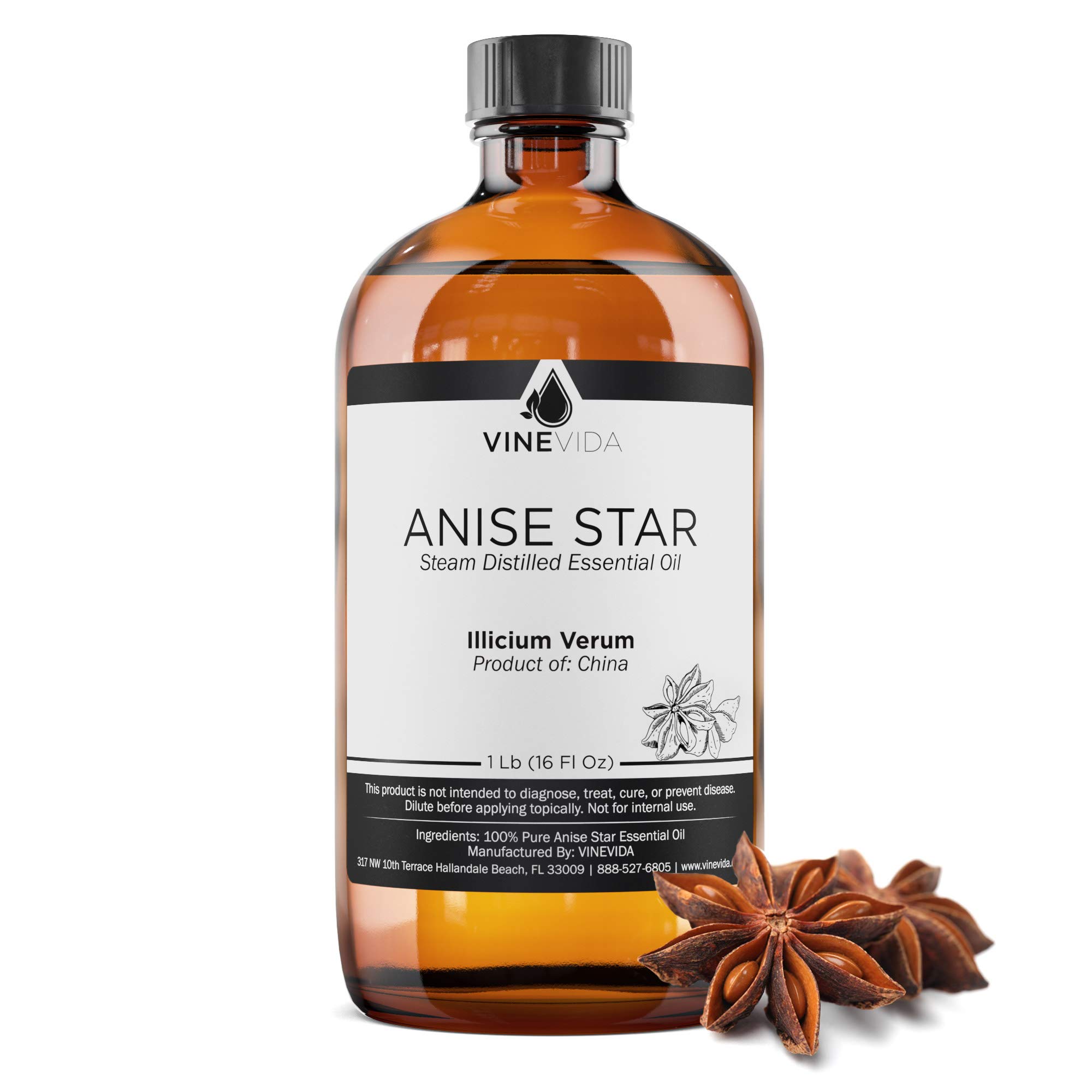VINEVIDA 16 Oz Bulk Anise Star Essential Oil - 100% Pure & Undiluted for Aromatherapy, DIY Soaps, Candles, Massage Oils - Glass Bottle (1 Pound) - Perfect for Home Spa, Relaxation & Natural Fragrance Blending