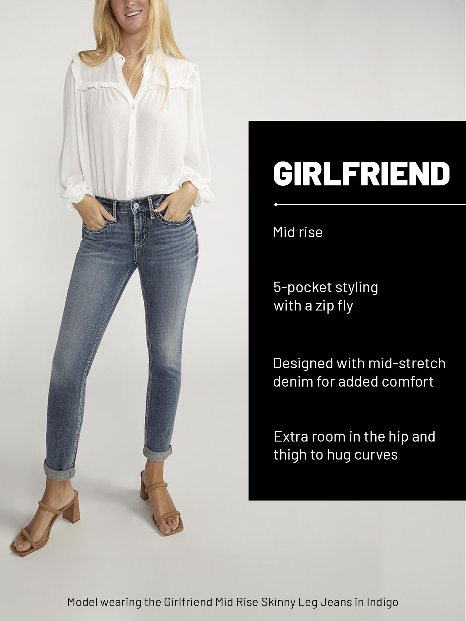Silver Jeans Co. Women's Plus Size Girlfriend Mid Rise Skinny Jeans - Stretch Denim Pants for Curvy Women | Comfortable & Stylish for Casual Wear, Office & Date Nights