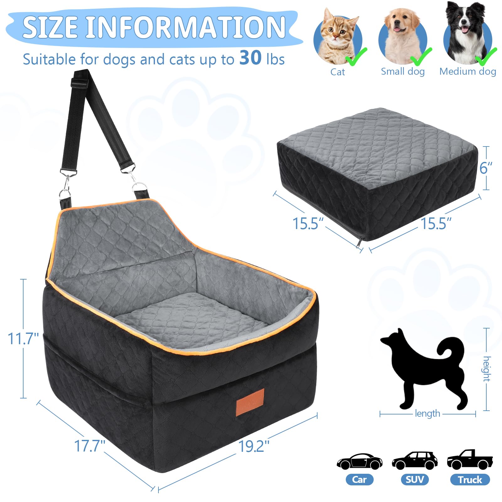 **Memory Foam Dog Booster Car Seat for Small & Medium Dogs (0-35 lbs) - Anti-Slip Pet Travel Bed with 2 Adjustable Leashes & Storage Pockets - Perfect for Road Trips & Daily Commutes**