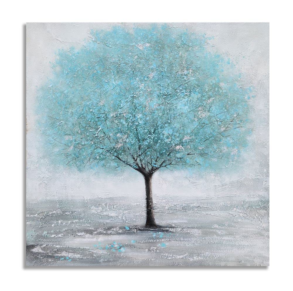 Modern Farmhouse Wall Art - Large Teal Tree Oil Painting on Canvas, Shabby Chic Country Style Decor for Living Room, Bedroom, Bathroom | Perfect for Rustic Home Decor & Farmhouse Interior Design