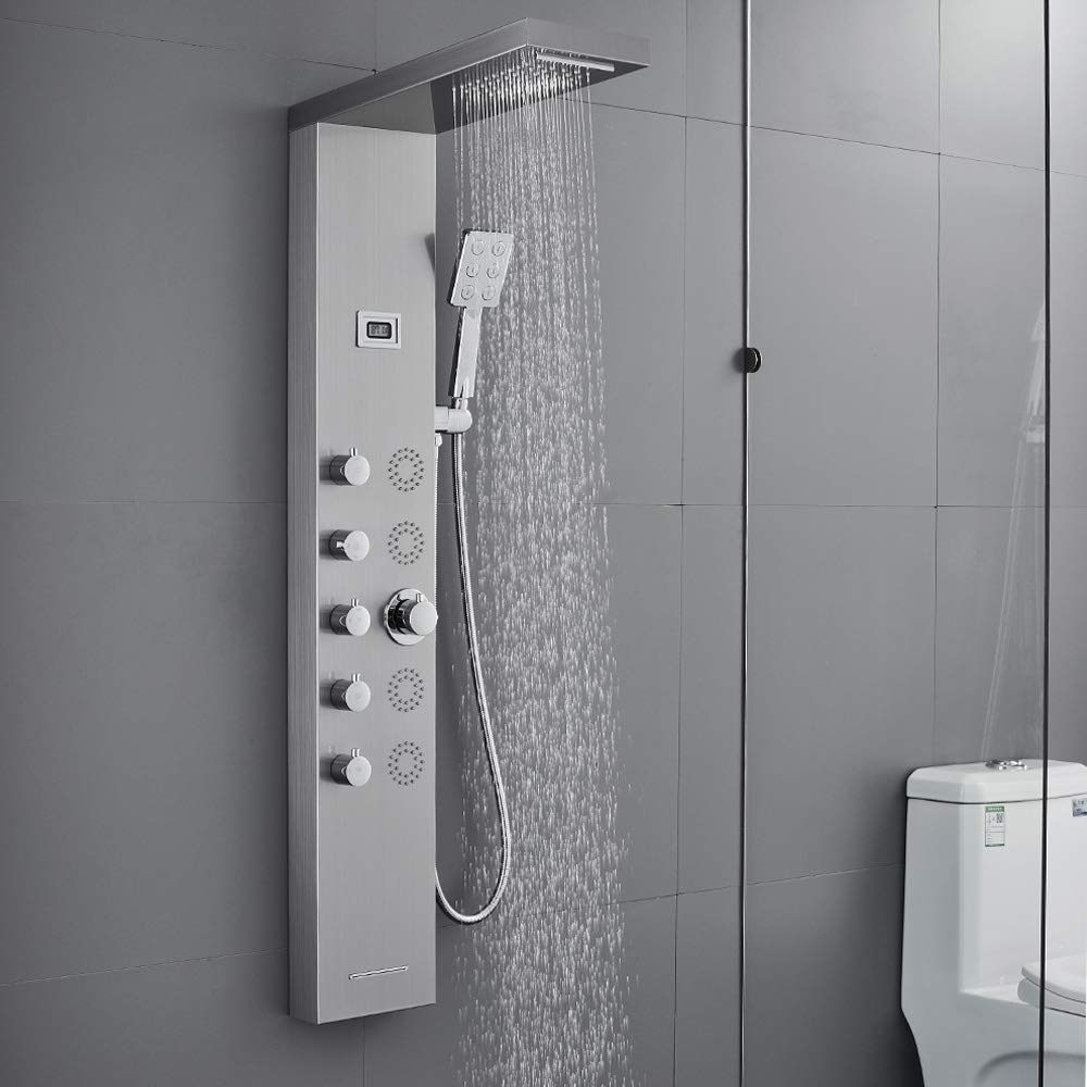 **MENATT 5-in-1 Shower Panel Tower System - SUS304 Stainless Steel with 4 Body Massage Jets, Rainfall & Waterfall Shower Head, Handheld Shower & Bathtub Spout - Perfect for Spa-Like Bathroom Upgrades & Luxury Shower Experience**