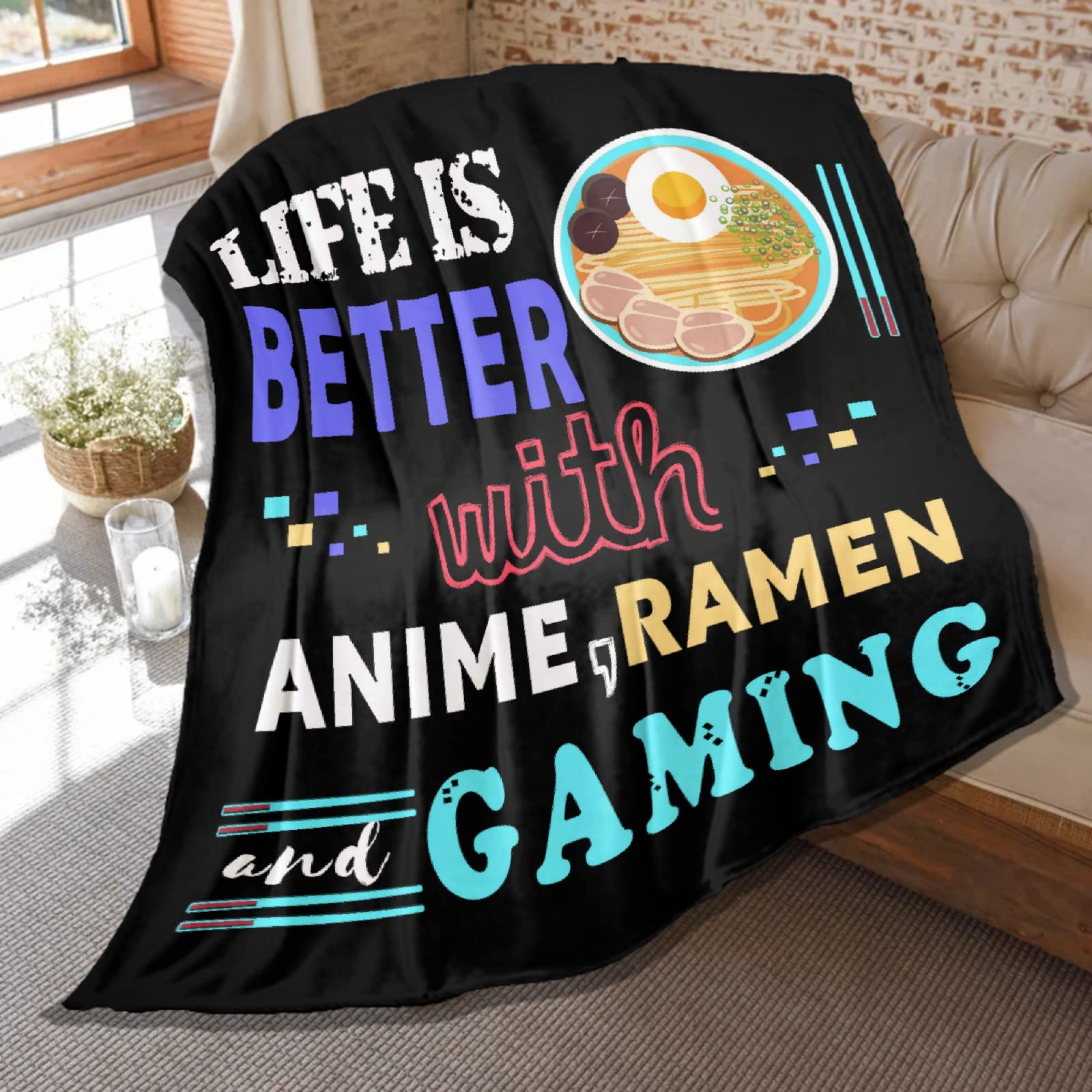 Soft Plush Anime Ramen Throw Blanket - 80 x 60in Large Flannel Blanket for Adults & Gamers - Perfect for Gaming Rooms, Bed Decor & Anime Lovers Gift