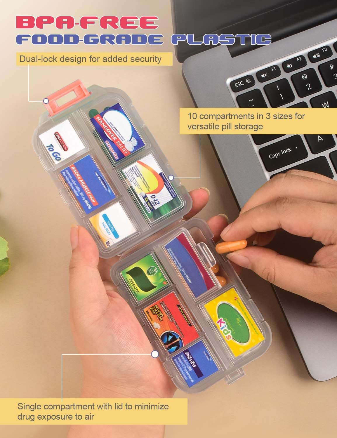 3-Piece DIY Travel Pill Organizer Set with 420 Labels - Portable 7-Day Pill Case for Vitamins, Fish Oil & Medication - Compact Pharmacy Box for Home, Office & Travel Essentials (Set B)
