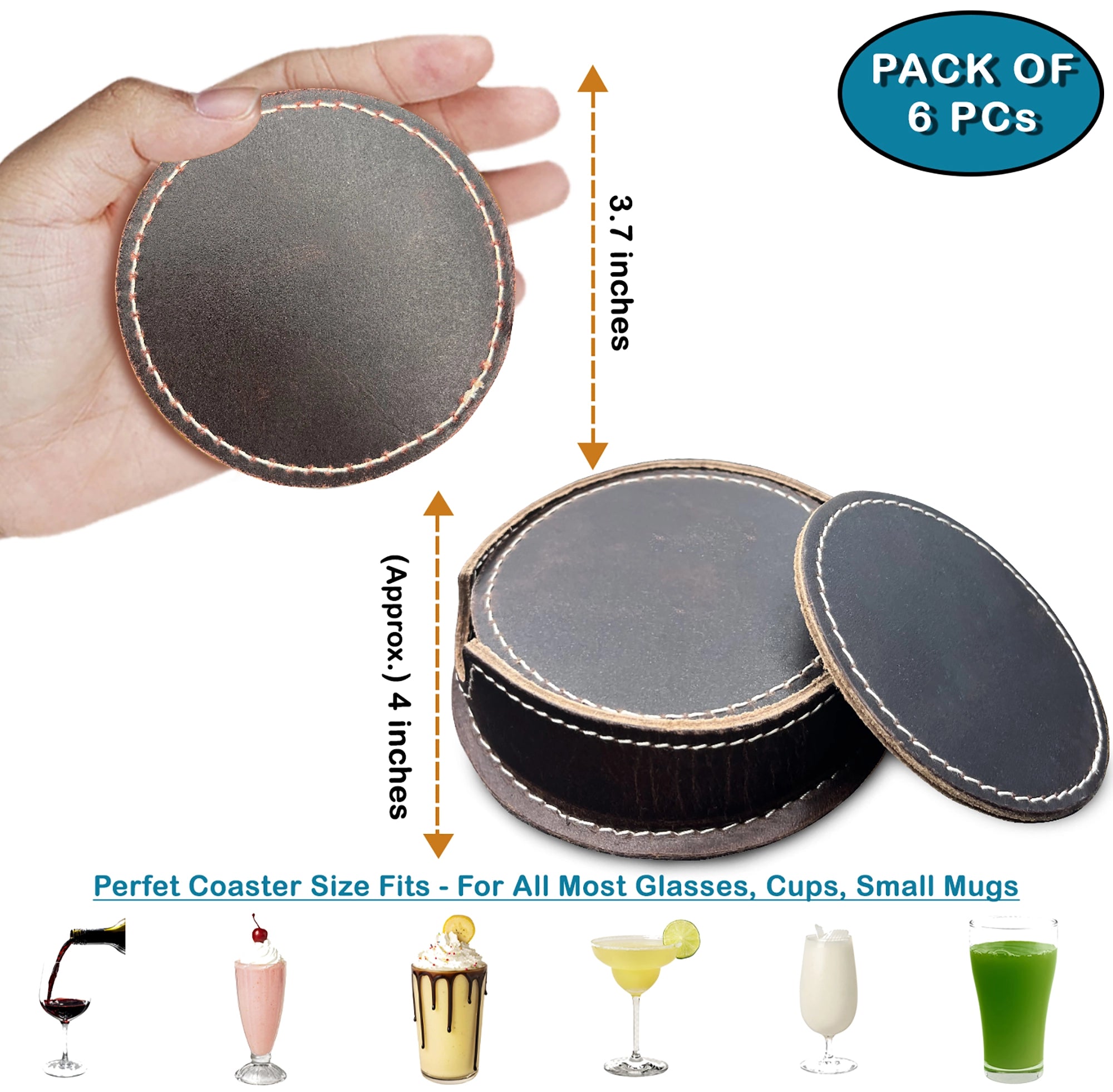 Premium Handmade Leather Drink Coasters Set - Absorbent & Durable Cup Coasters for Coffee, Wine & Beer - Perfect for Home, Office & Bar Decor
