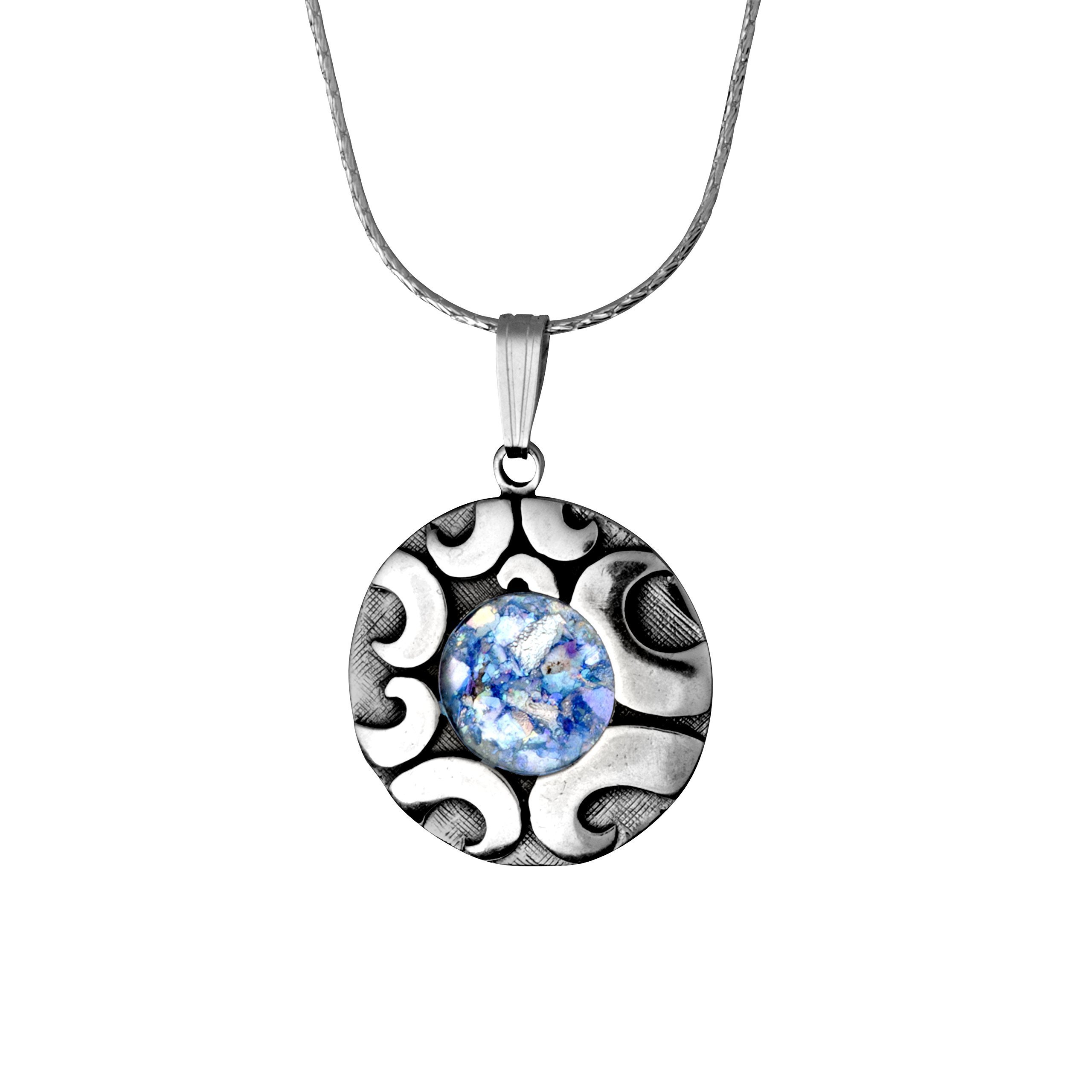 Vintage Sterling Silver & Roman Glass Circular Pendant Necklace - Handmade Jewelry for Women, Unique Gift for Her - Perfect for Weddings, Anniversaries & Special Occasions
