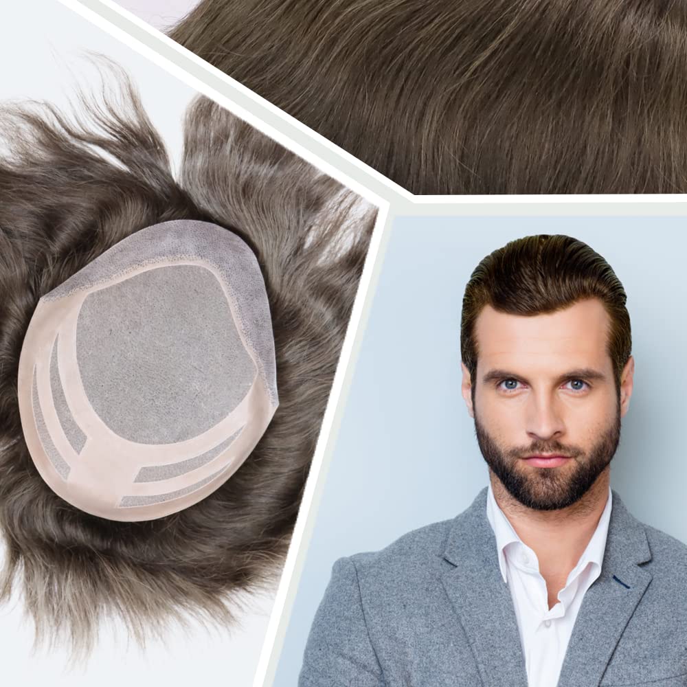 Premium European Virgin Human Hair Toupee for Men - Mono Lace Top with PU Base - #7 Lightest Brown - Natural Looking Hair Replacement System for Thinning Hair & Baldness - Perfect for Daily Wear, Special Occasions & Confidence Boosting
