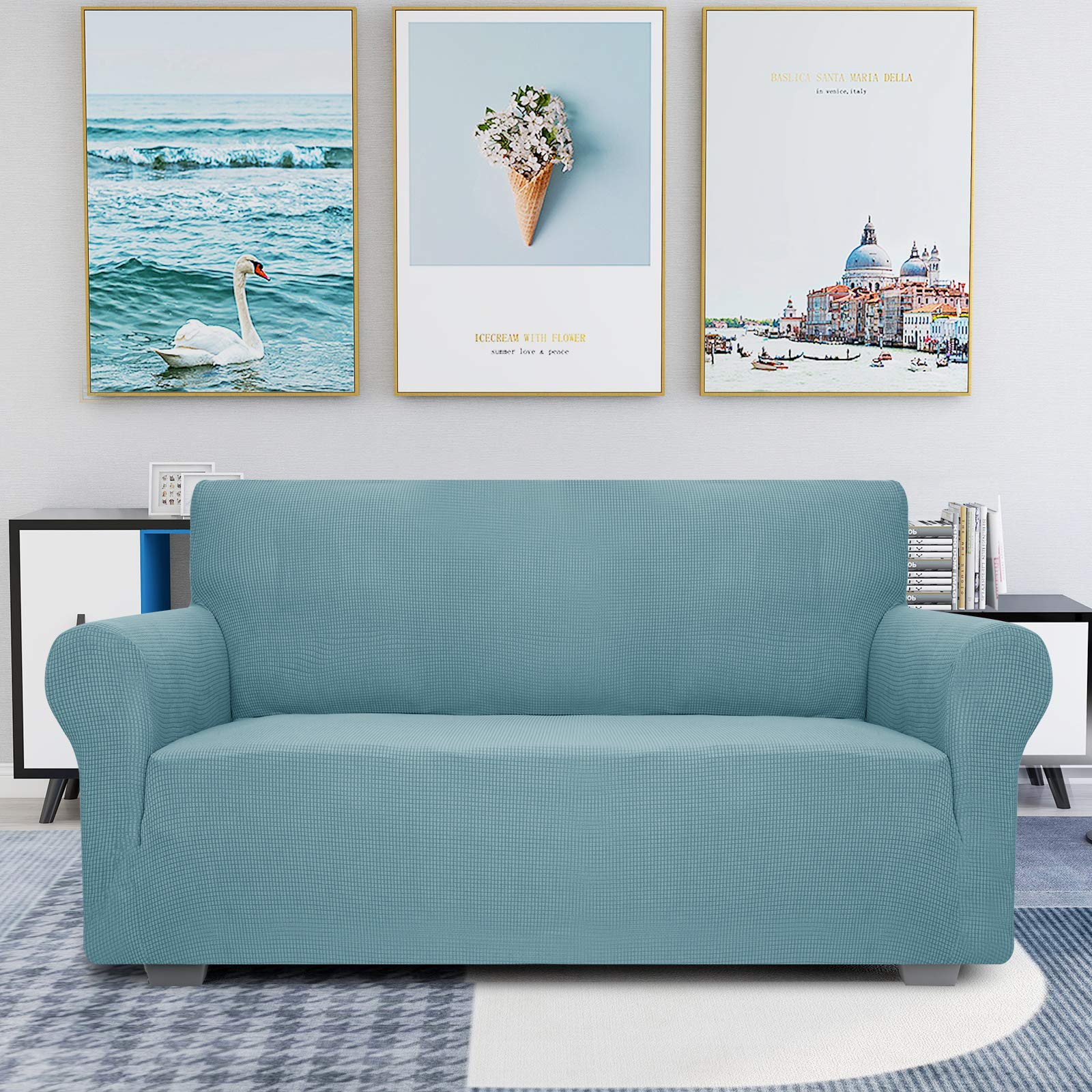JIVINER Stretch Jacquard 2-Cushion Loveseat Slipcover - Anti-Slip Sofa Cover Protector for Pets & Kids, Light Blue - Perfect for Living Room, Family Room & Pet-Friendly Homes