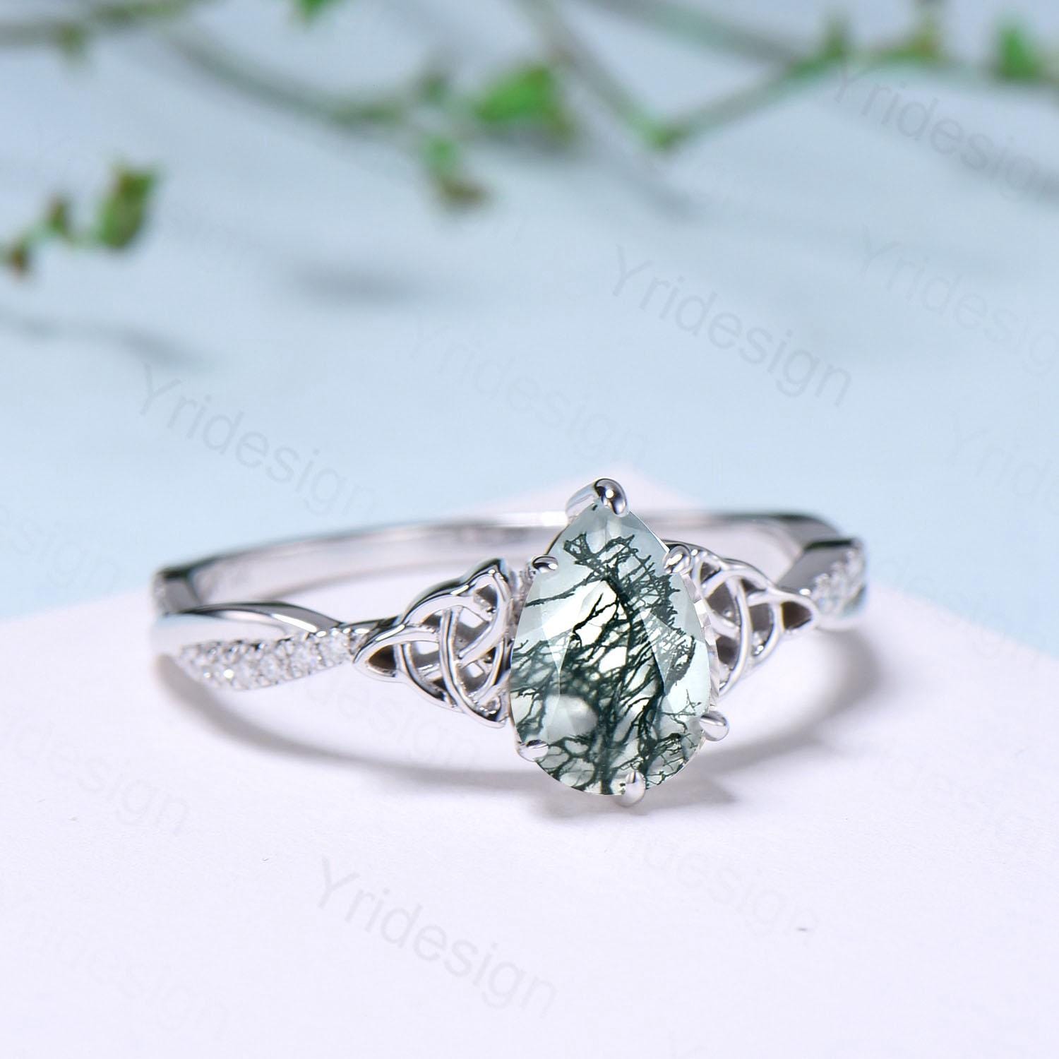Viking Pear Shaped Moss Agate Engagement Ring for Women - Unique Celtic Infinity Moissanite Wedding Band with Split Shank - Perfect for Anniversary Gifts, Proposal, and Celtic-Themed Weddings