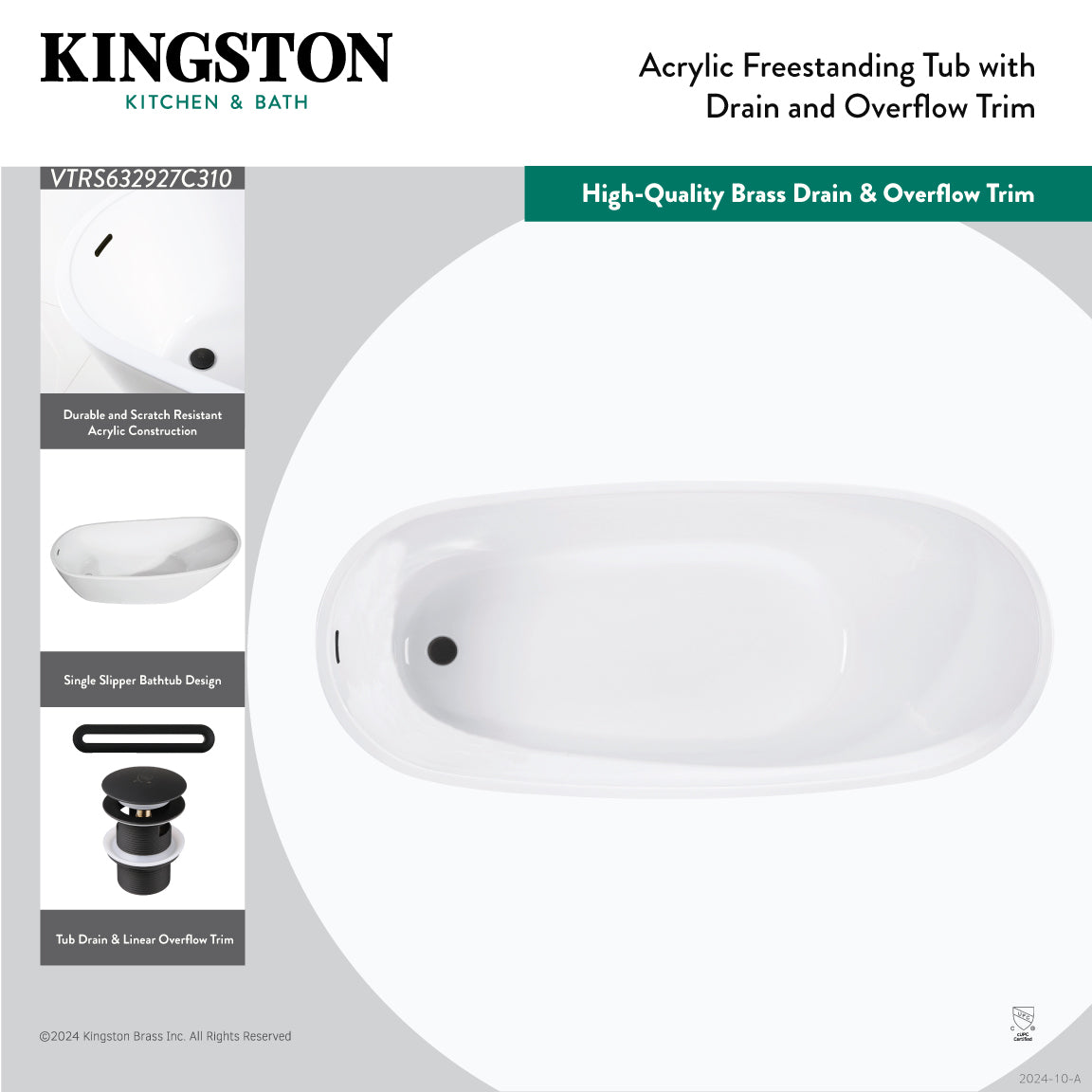 Aqua Eden 63 Inch Acrylic Oval Freestanding Bathtub - Glossy White/Matte Black Slipper Tub with Drain | Modern Soaking Tub for Spa-Like Bathroom Relaxation