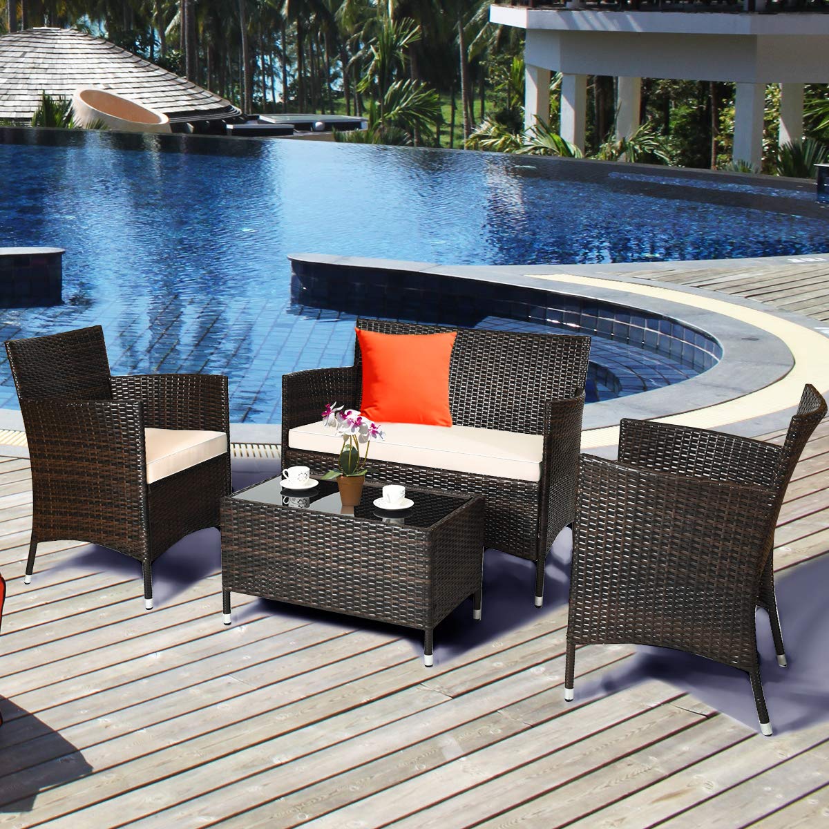 ARLIME 4-Piece All-Weather Wicker Patio Furniture Set - Outdoor Rattan Sofa Sectional with Thick Cushions & Glass Coffee Table - Brown Garden Conversation Set for Backyard, Poolside & Terrace Relaxation