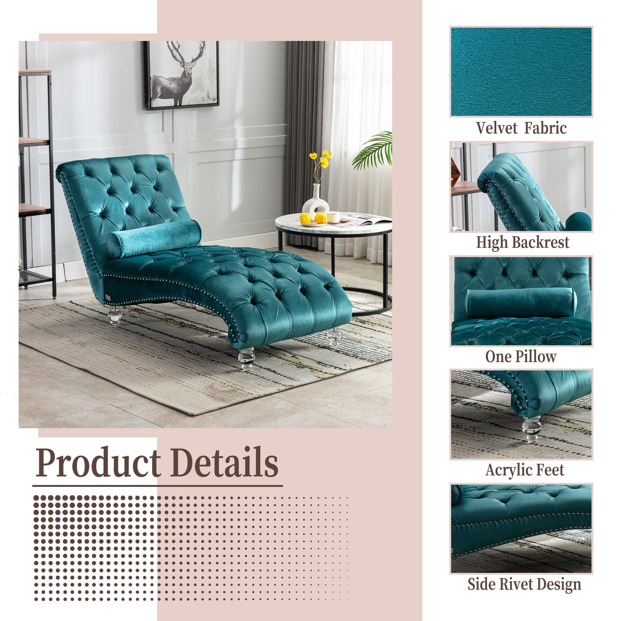 Luxury COOMORE Velvet Chaise Lounge Chair - Button Tufted Upholstered Sofa with Pillow for Bedroom, Living Room & Office - Teal Velvet - Perfect for Reading Nook, Lounge Area & Home Decor