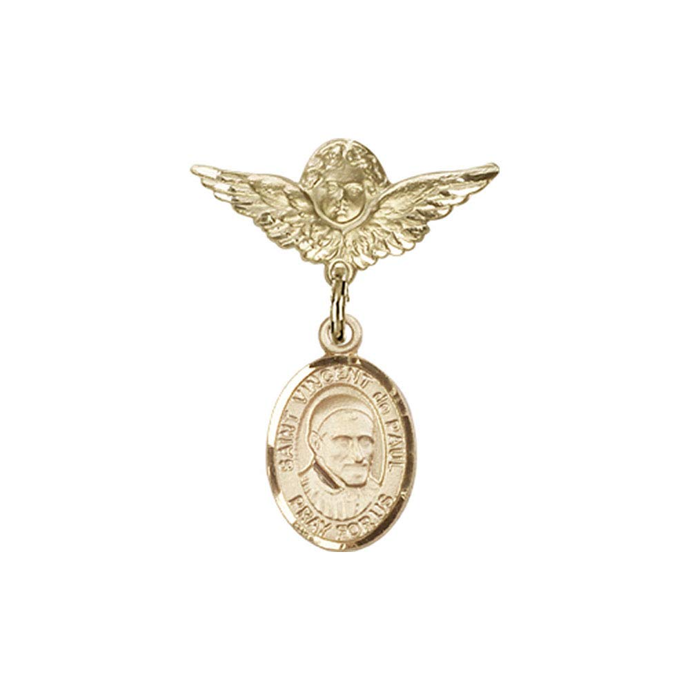 St. Vincent de Paul & Angel Wing Charm Baby Badge Pin - Elegant Diamond Jewelry for Christening, Baptism & First Communion Gifts - Perfect for Newborns & Infants