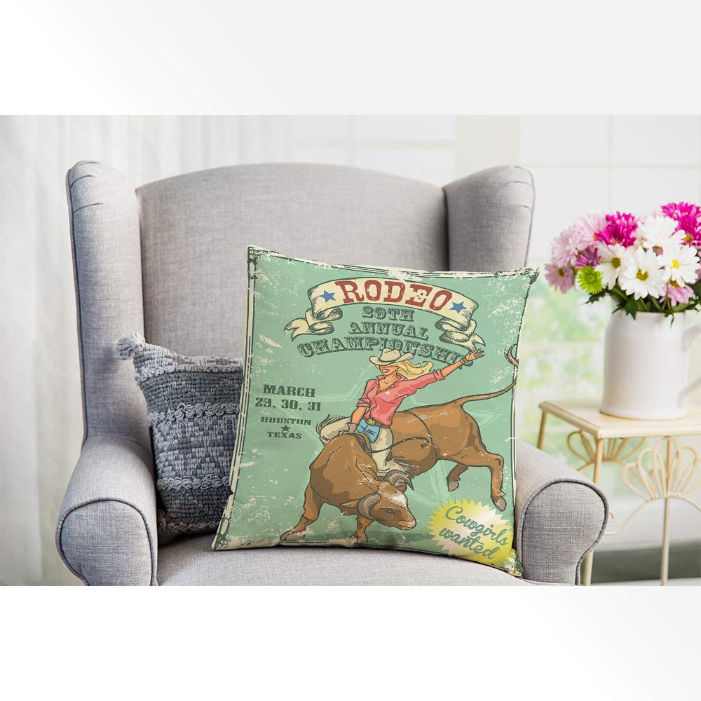 EKOBLA Rodeo Cowgirl Throw Pillow Cover - 18x18 Inch Cotton Linen Square Cushion Case for Farm Ranch Decor | Western Bull Riding Championship Theme | Perfect for Living Room, Bedroom & Cowboy-Themed Home Decor