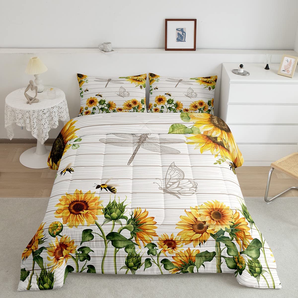 Feelyou Sunflower Comforter Set - Queen Size Yellow Floral Duvet Cover with Bees, Butterflies & Dragonflies | Botanical Nature Themed Bedding for Kids, Boys & Girls | All-Season Comfort for Bedroom Decor & Cozy Sleep