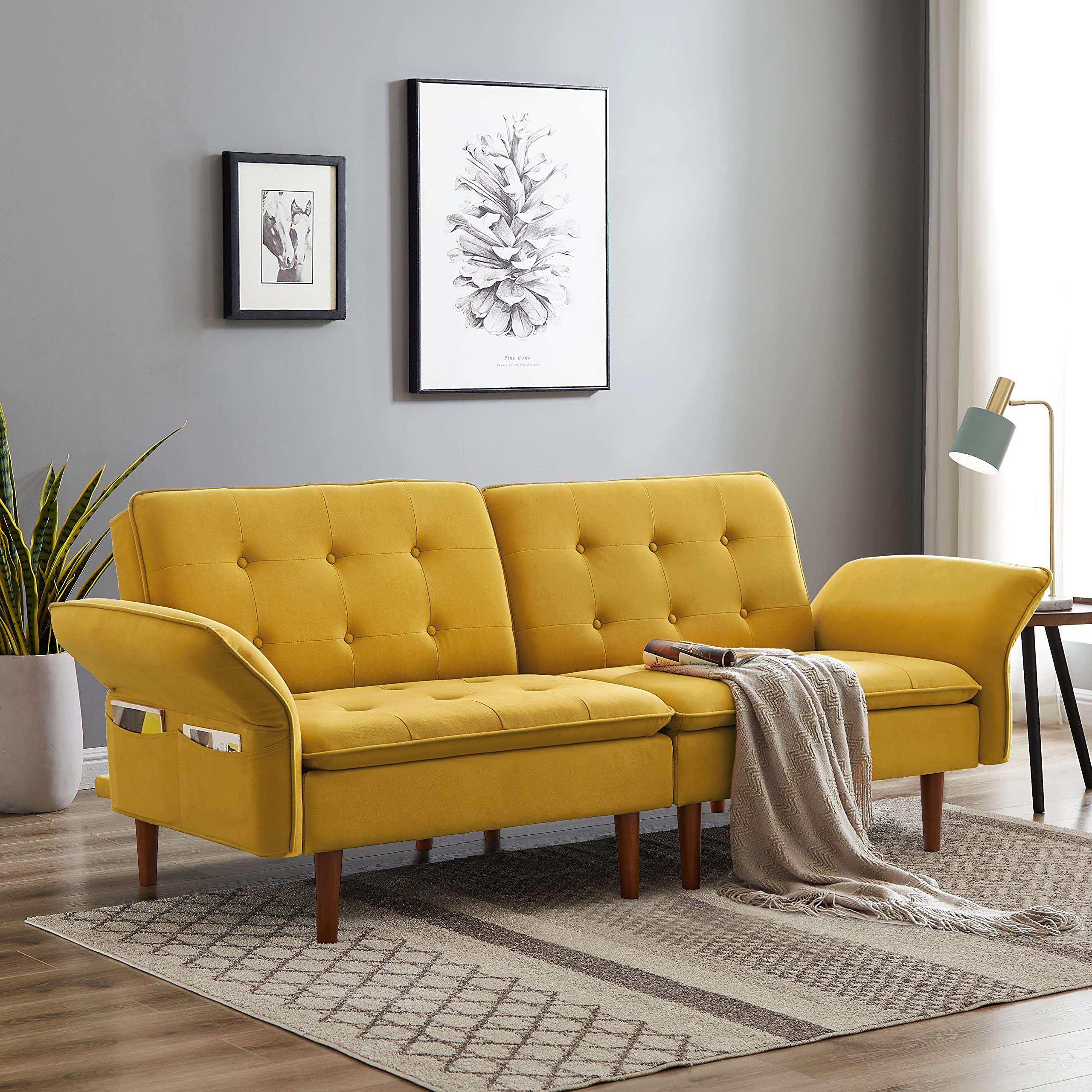 HABITRIO Multifunctional Convertible Futon Sofa Bed - Modern Reclining Loveseat Couch with Adjustable Armrest & 4 Side Pockets | Folding Sleeper Sofa for Living Room, Bedroom, Home Office | Perfect for Small Spaces, Guest Rooms & Studio Apartments