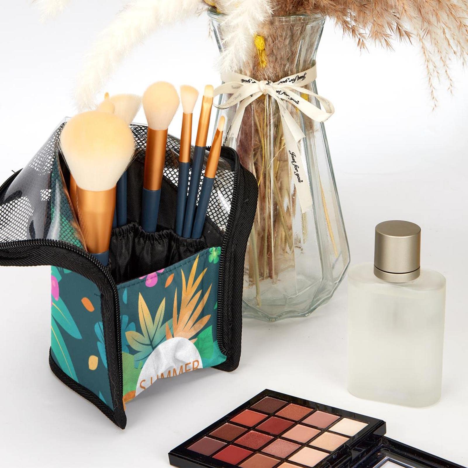 12-Piece Makeup Brush Set with Tropical Leaf Design Organizer Bag - Portable Travel Cosmetic Brush Holder for Professional & Home Makeup Application