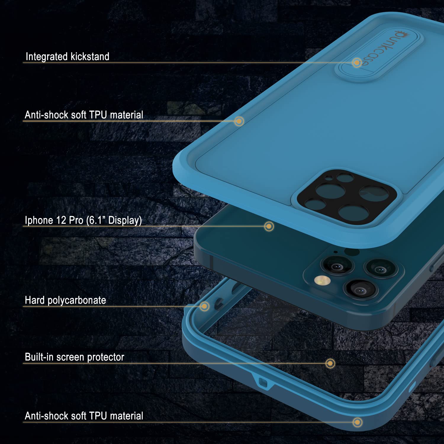 Punkcase iPhone 12 Pro Waterproof Case - IP68 Certified Slim Armor Cover with Built-in Screen Protector & Kickstand | Shockproof Protective Phone Case for iPhone 12 Pro (6.1 inch) 2020 Model | Perfect for Outdoor Activities, Swimming & Extreme Sports [Blue]