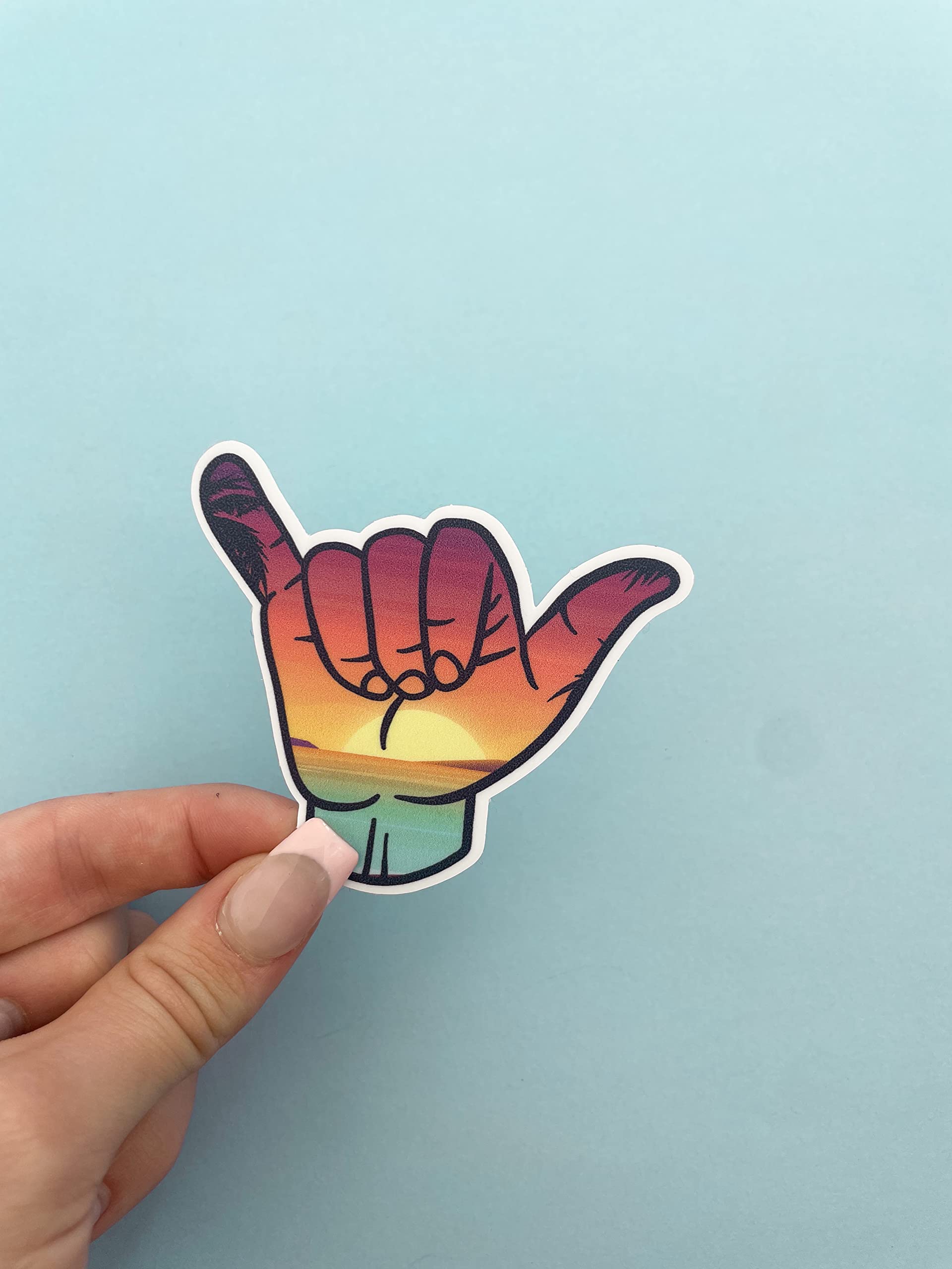 MOJA Hang Loose Shaka Ocean 3 Inch Waterproof Vinyl Decal - Durable Sticker for Car, Laptop, Water Bottle, iPad, Window, Cooler, Luggage, Bumper, Toolbox & Locker (3x3x0.1 Inches) - Perfect for Surfing, Beach Trips & Outdoor Adventures