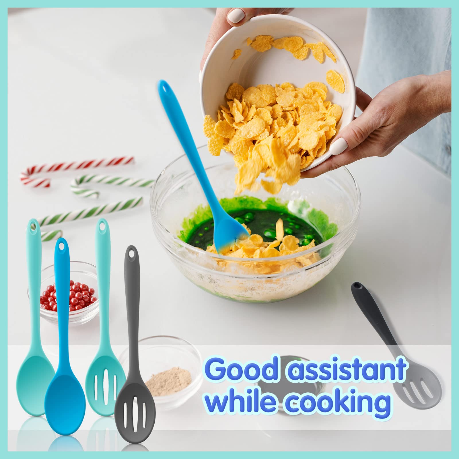 Dandat 4-Piece Silicone Non-Stick Mixing Spoon Set - Heat Resistant Cooking Utensils for Baking, Stirring, Basting & Serving - Kitchen Tools for Everyday Cooking & Meal Prep (Novel Style, Medium)
