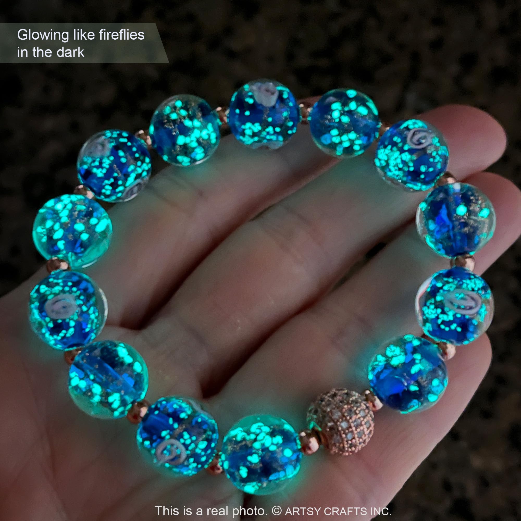Glow in The Dark Firefly Beads Bracelet - Ocean Blue Luminous Murano Glass Beads Jewelry for Women, Mermaid Crystal Healing Inspirational Bangle - Perfect for Night Parties, Beach Wear & Spiritual Healing