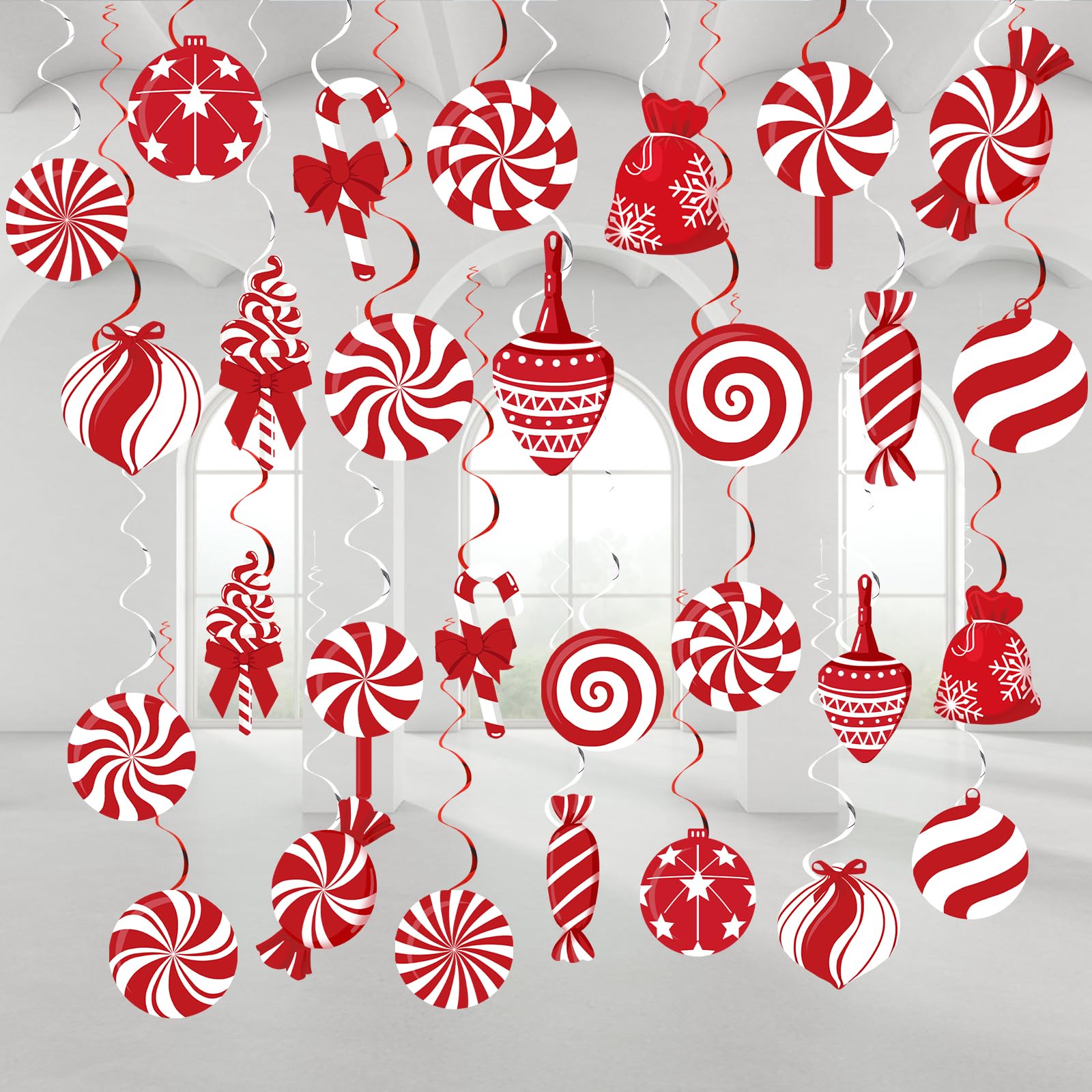 60pcs Christmas Candy Hanging Swirl Decorations - Red & White Peppermint Candy Cutouts for Xmas Party, Classroom & Home Decor - Perfect for Holiday Ceiling Streamers and Festive Wall Hangings