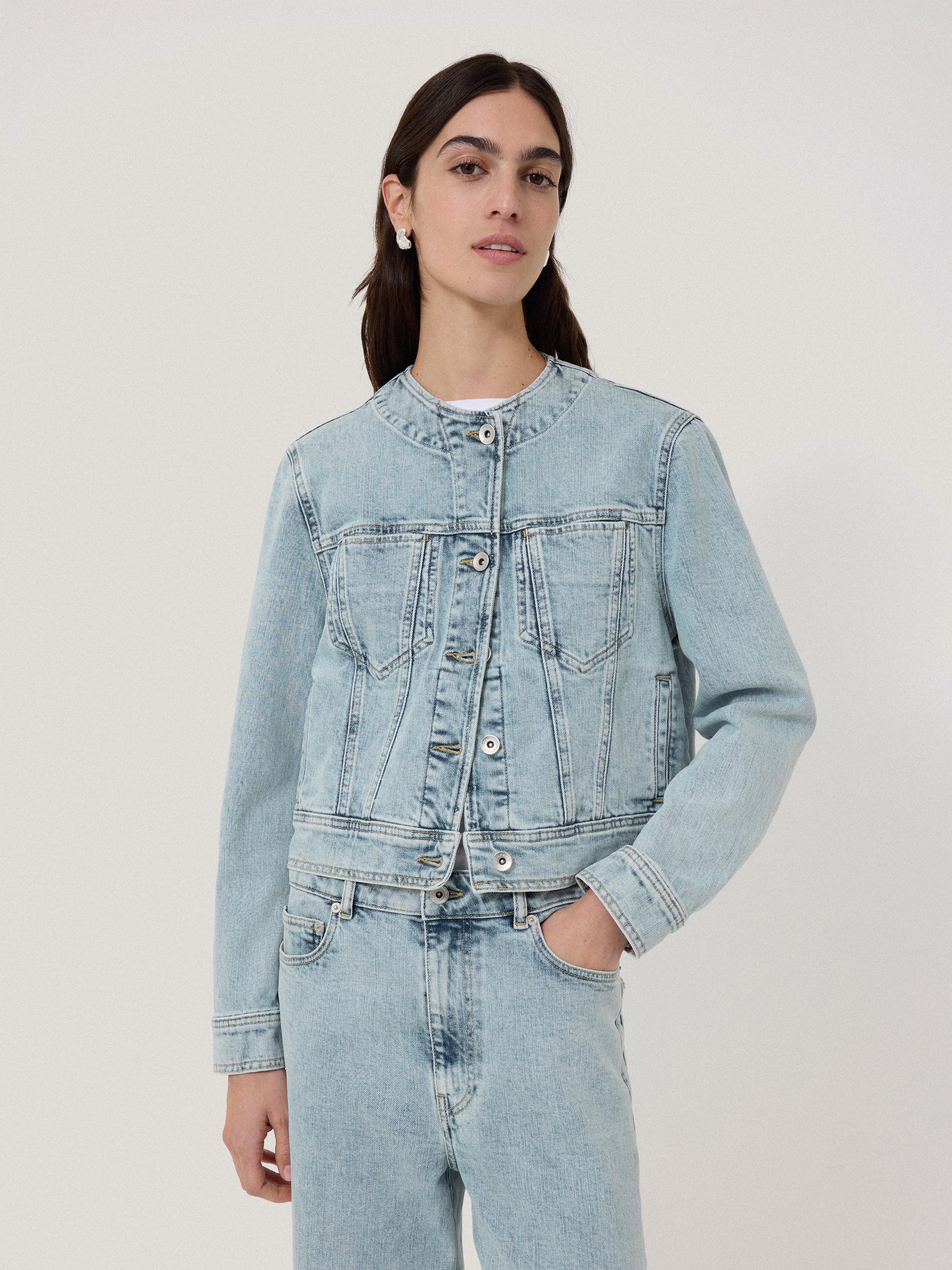 Gwen Denim Collarless Jacket Women's Light Blue Washed Denim Jacket - Perfect for Casual Outfits, Spring Layering & Streetwear Fashion
