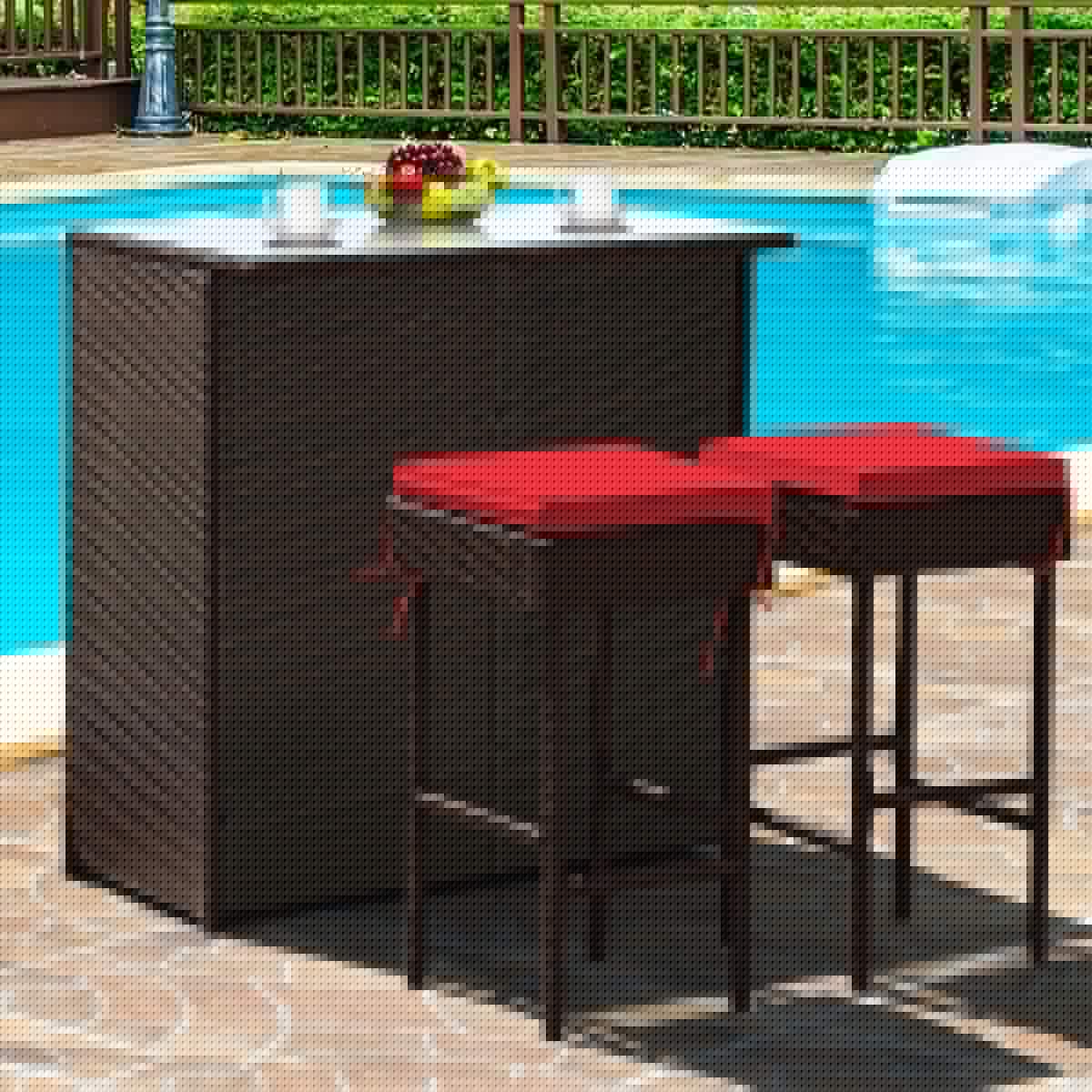 Outdoor Patio Bar Set - 3-Piece Wicker Rattan Bar Stools & Glass Top Table with 2 Storage Shelves & Cushions - Perfect for Lawn, Pool, Backyard, Garden, Porch (Red) | Ideal for Outdoor Entertaining, Relaxing & Dining Al Fresco