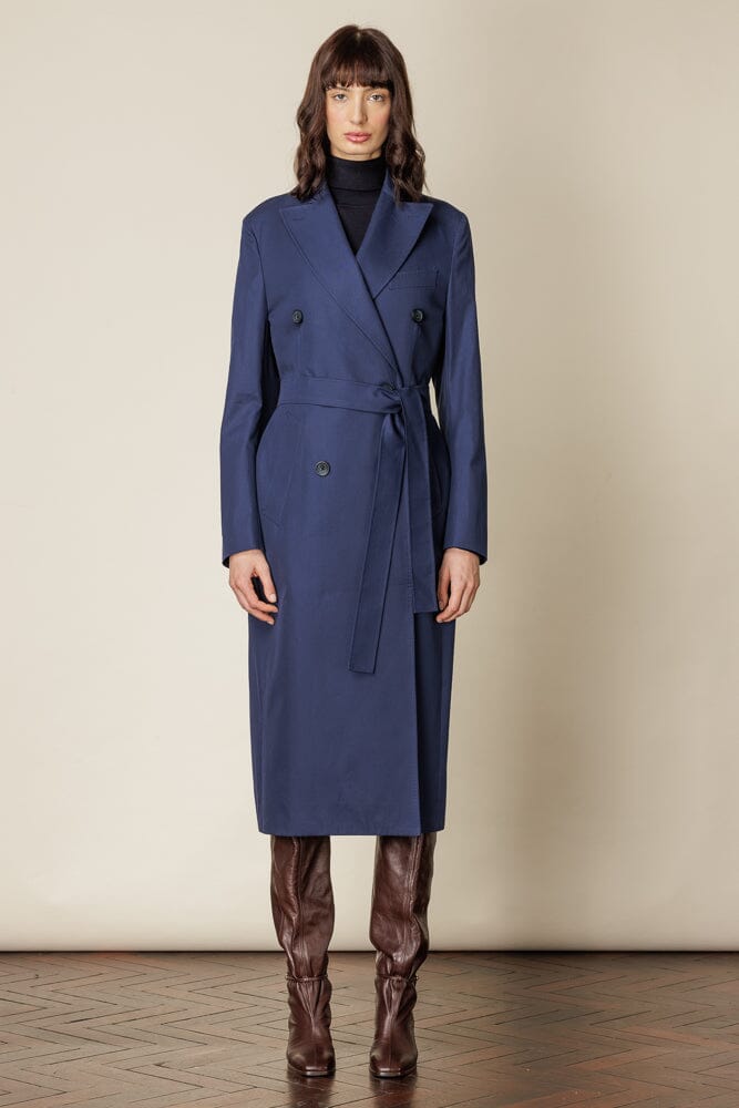 Stylish Long Double Breasted Trench Coat with Belt | Blue Cotton Gabardine | Perfect for Work, Travel & Formal Occasions