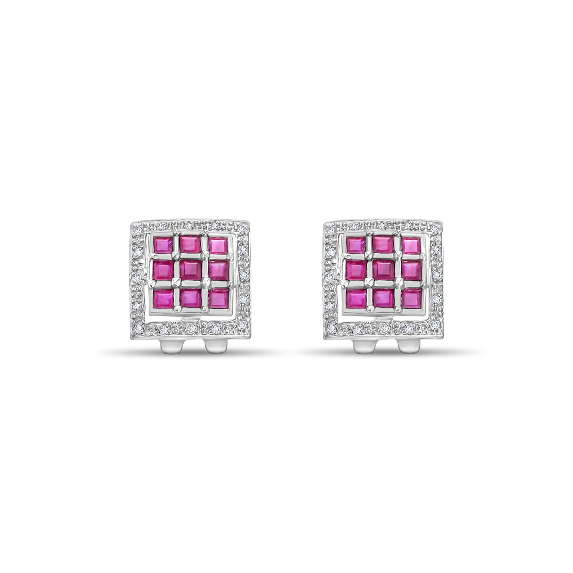 14K White Gold Square Pave Diamond & Ruby Earrings for Women - Elegant Bridal Jewelry, Anniversary Gift, Valentine's Day Present