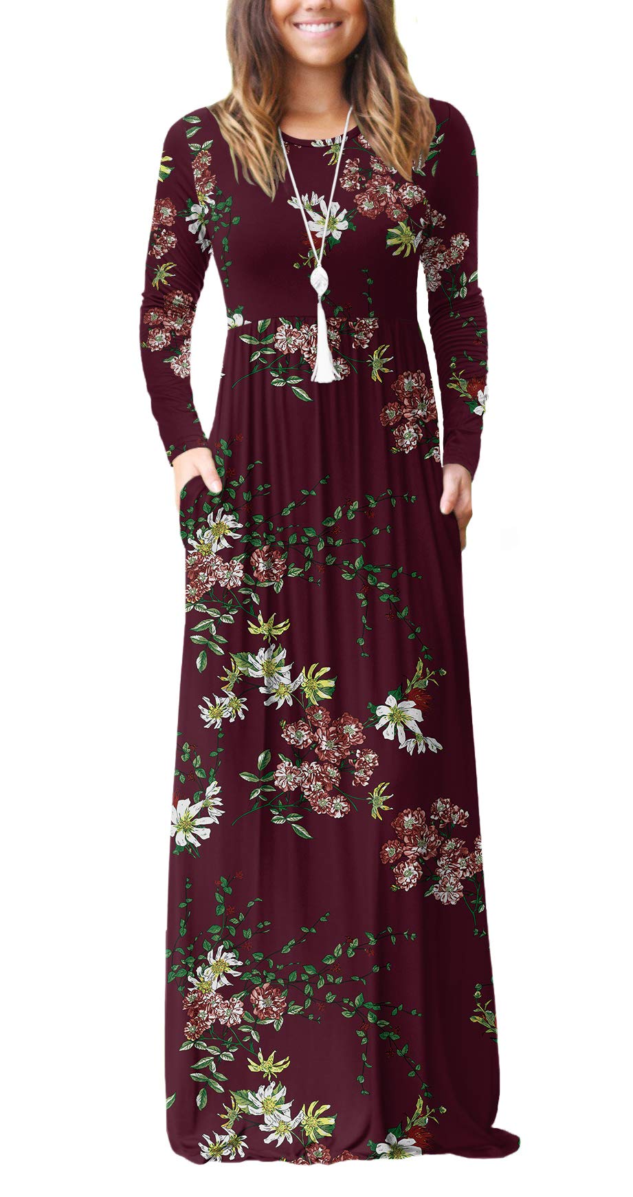 GRECERELLE Women's Long Sleeve Maxi Dress - Loose Fit Casual Plain Long Dress with Pockets | Perfect for Everyday Wear, Office, Travel & Date Nights
