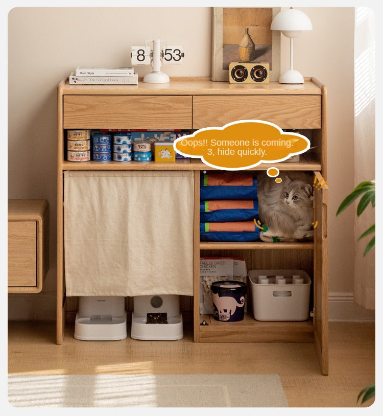 Solid Oak Wood Side Cabinet with Cat Pet Supplies Storage - Perfect for Living Room, Bedroom, or Entryway Organization - Compatible with Robot Vacuum Cleaners