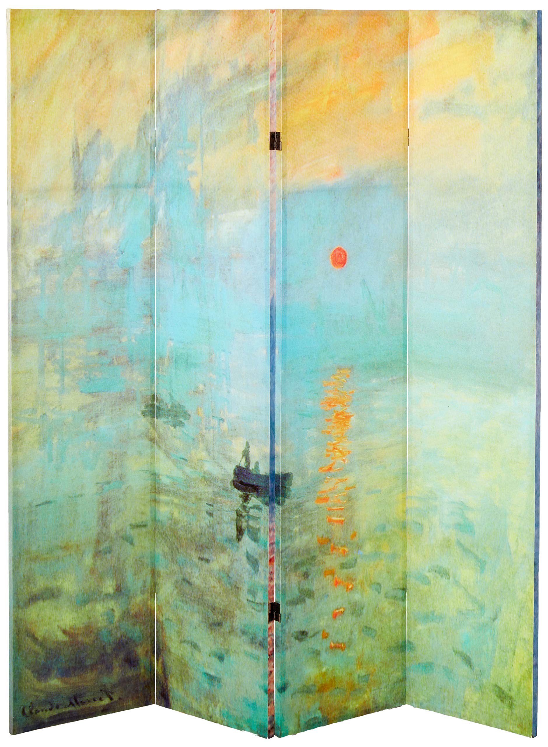 Monet Canvas Impression Sunrise & Houses of Parliament Double-Sided Red Lantern Room Divider - 6ft Tall 4-Panel Multi-Color Asian Screen for Living Room, Bedroom & Office Decor