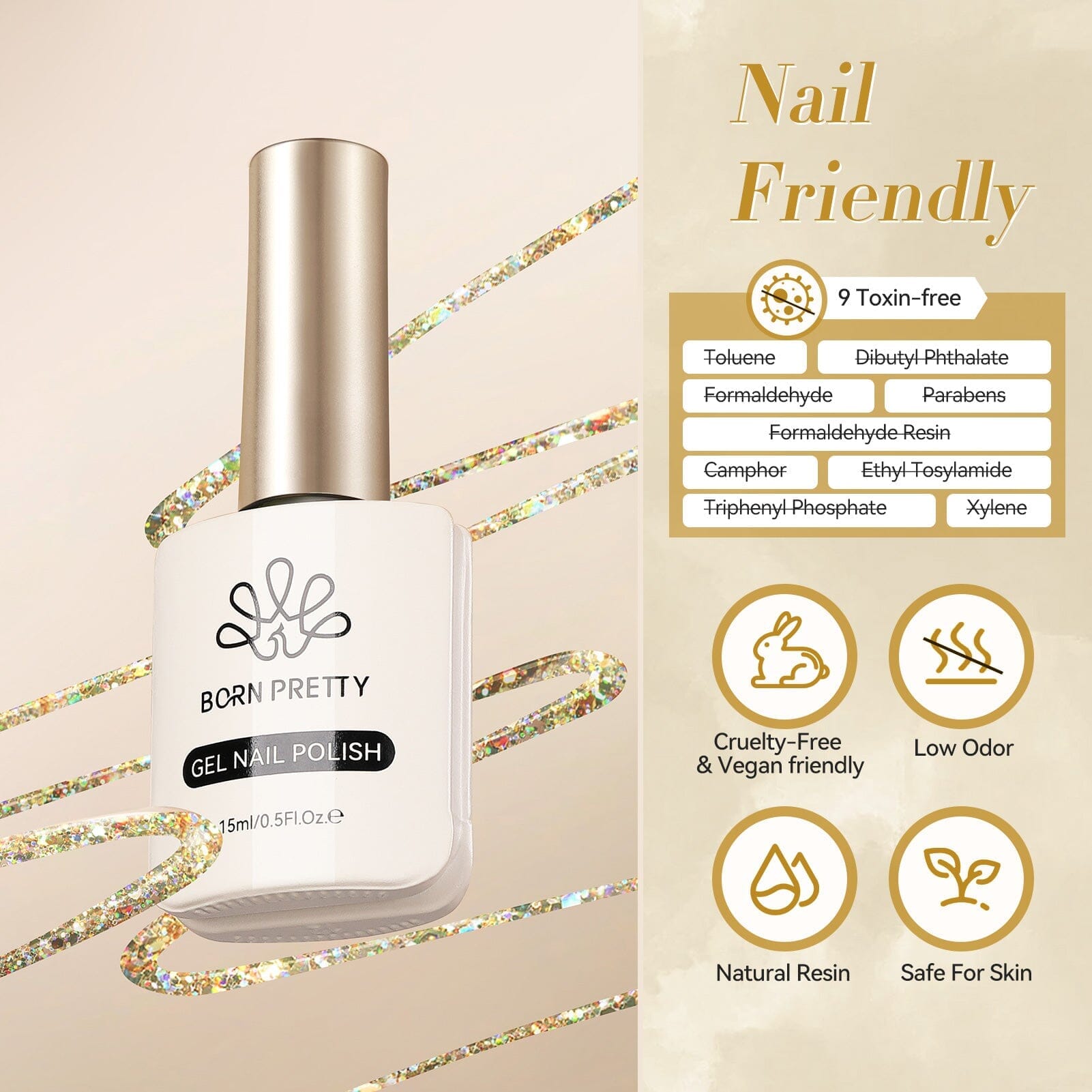 Hema Free Gold Glitter Gel Nail Polish #21 - 15ml Long Lasting UV LED Soak Off Manicure Kit for Salon & Home Nail Art Designs