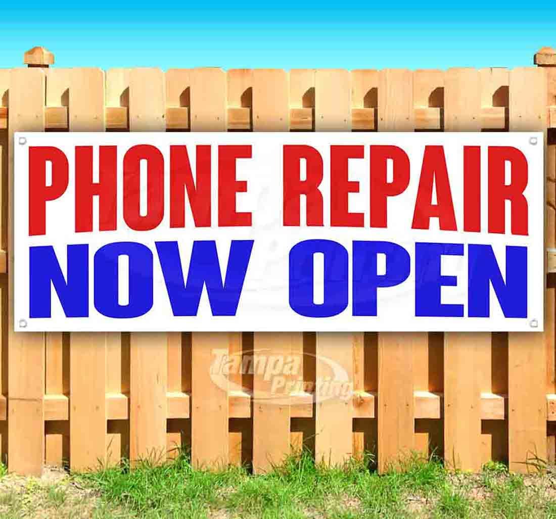 13 oz Heavy-Duty Vinyl Phone Repair Now Open Banner - Single-Sided with Metal Grommets | Durable Non-Fabric Sign for Storefronts & Business Promotion