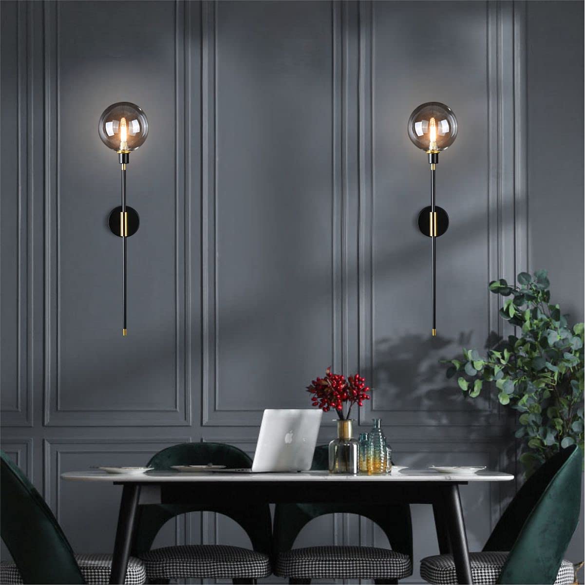 Modern Glass Globe Wall Sconce Light Set of 2 - Brass & Black Contemporary Lighting with Smoke Glass for Hallway, Bedroom, or Living Room - Large Long Sconce Wall Lights for Home Decor