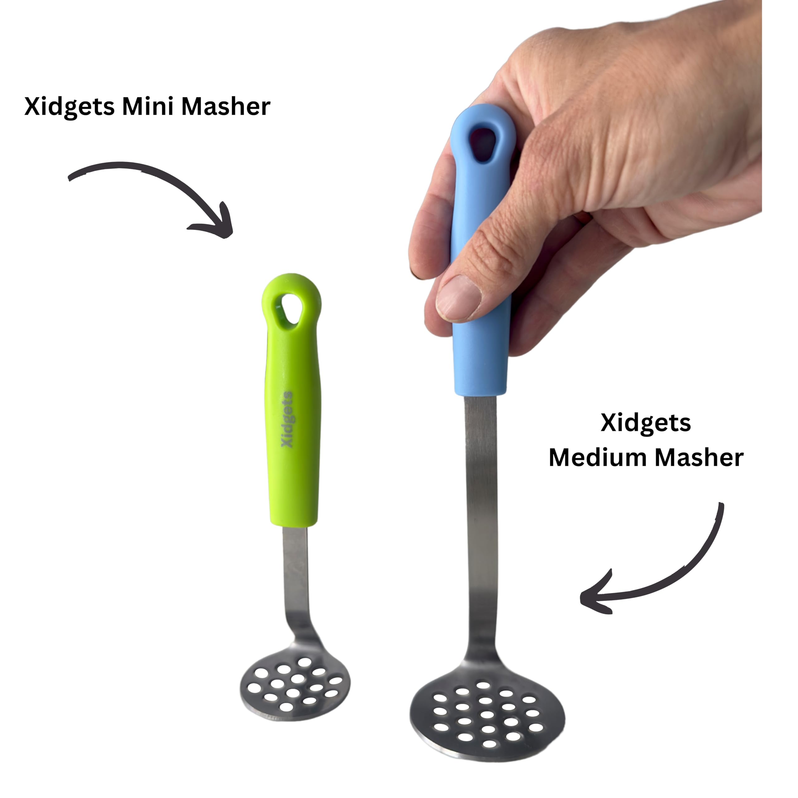 Stainless Steel Mini & Medium Avocado Potato Masher Set - Heavy Duty, Dishwasher Safe Kitchen Utensils for Mashing Avocados, Potatoes, Baby Food - Compact & Durable Kitchen Essentials (Sky Blue/Zippy Green)