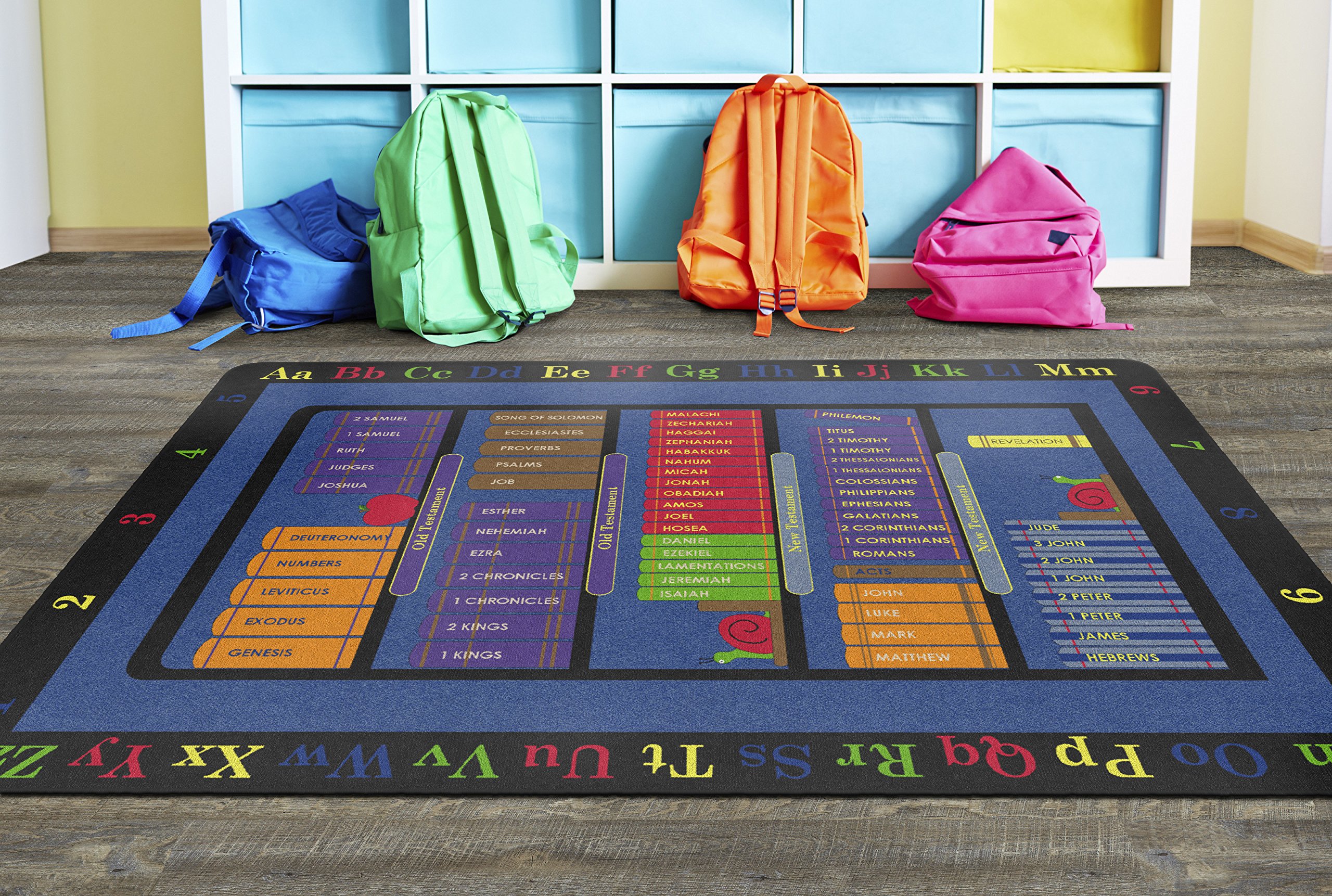 Flagship Carpets Bible Bookcase Educational Rug for Kids - 6' x 9' Rectangle Classroom, Office, Home & Playroom Mat - Non-Slip Nursery Carpet for Learning & Story Time