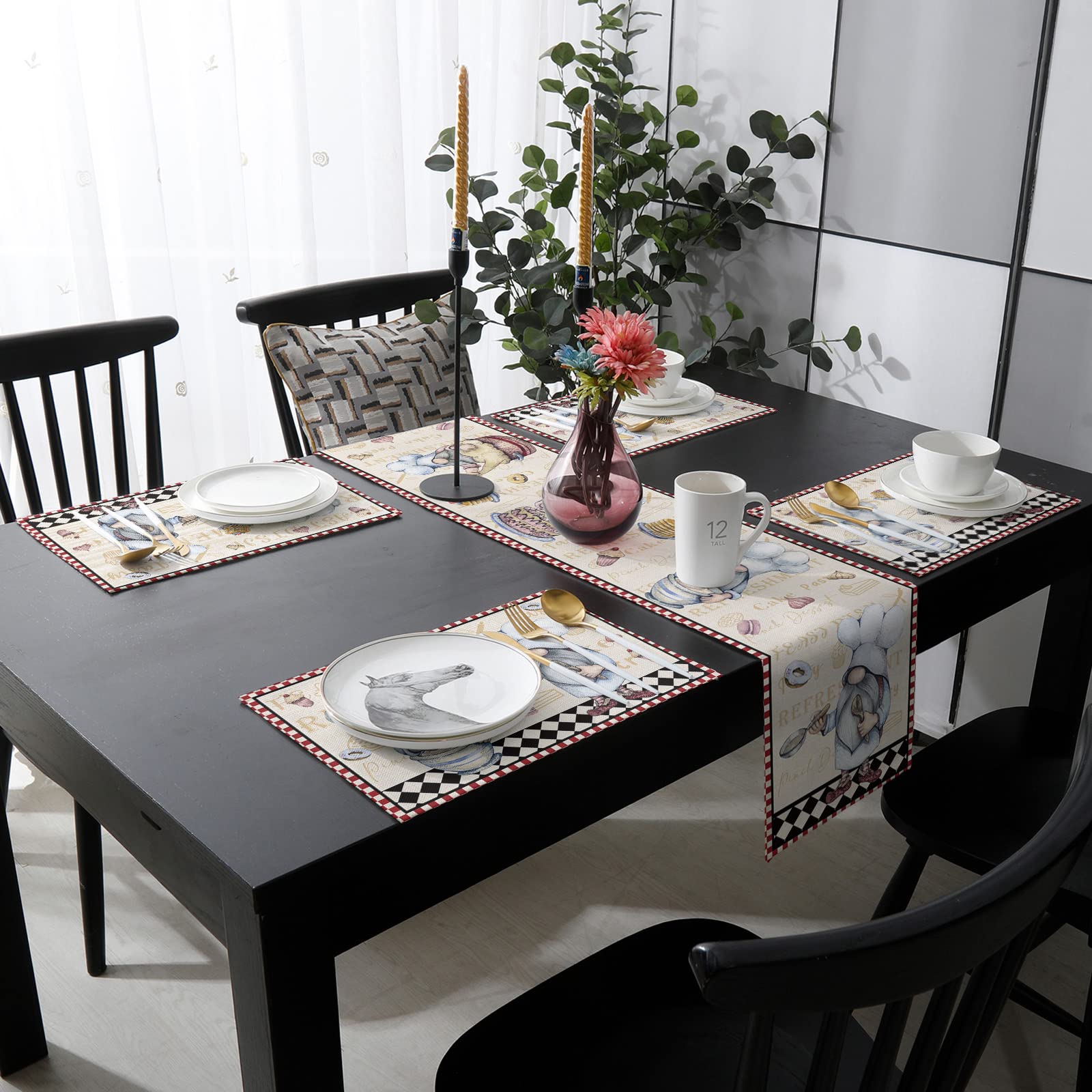 Fat Chef Table Runner Set with 6 Placemats - 13x70 Inch Checkered Black White Red Plaid Kitchen Decor - Machine Washable for Indoor/Outdoor Use - Perfect for Dining Room, Kitchen Island, Buffet Table, and Holiday Decorations