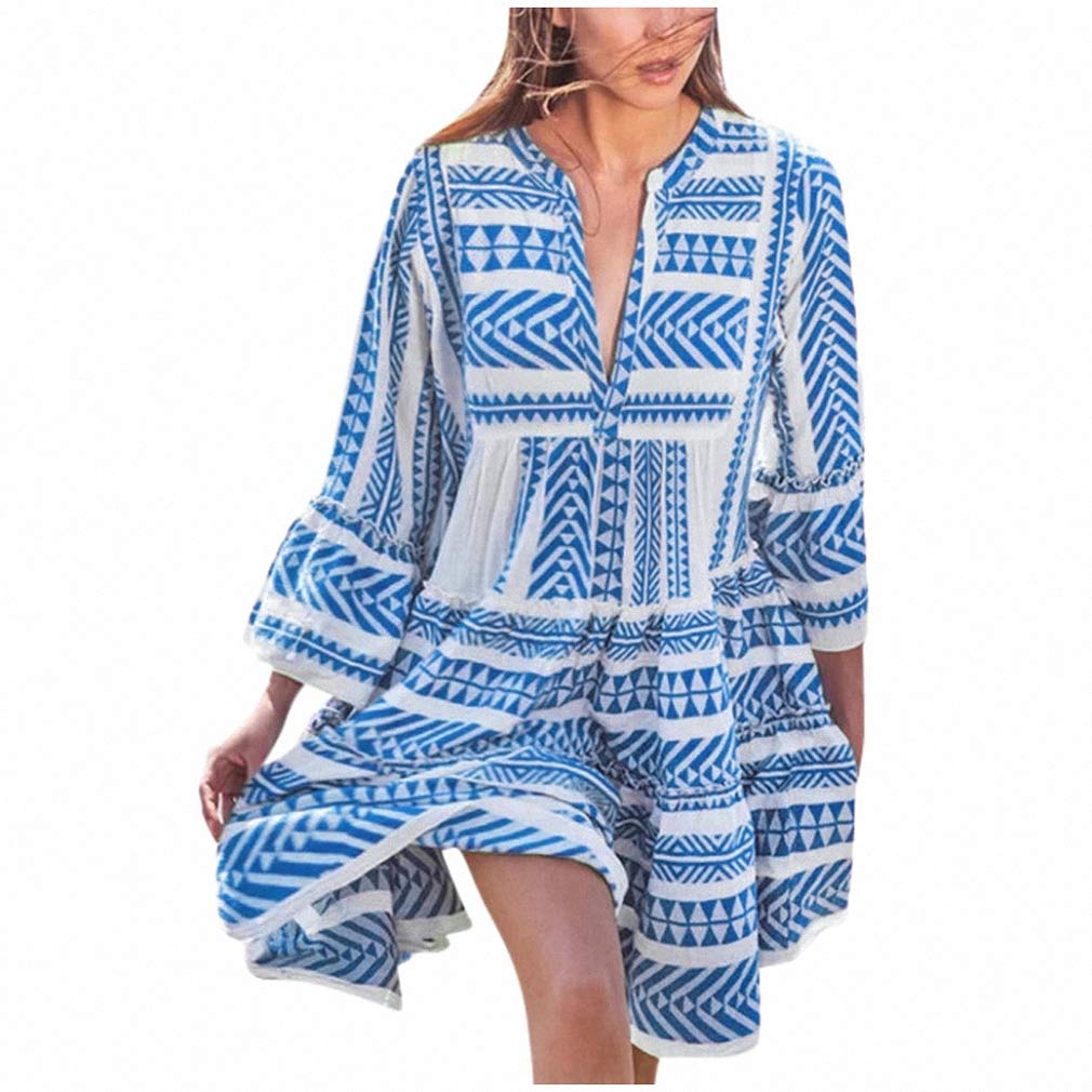 Bohemian Floral Print V-Neck Long Sleeve Mini Dress for Women - Beach Party, Club Wear & Summer Sun Dress - Perfect for Vacations, Date Nights and Music Festivals