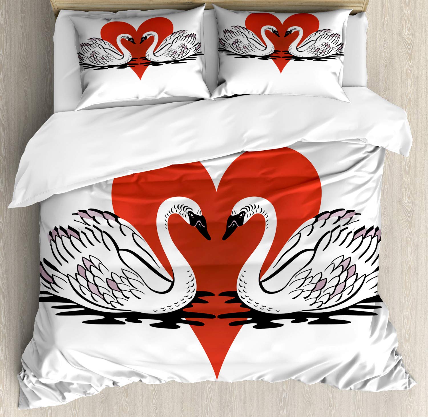 Ambesonne Love Duvet Cover Set - Queen Size 3 Piece Bedding with 2 Pillow Shams, Romantic Swimming Couple Swans on Lake with Hearts Design, White and Vermilion Valentine's Day Decor | Perfect for Master Bedroom, Guest Room & Anniversary Gifts