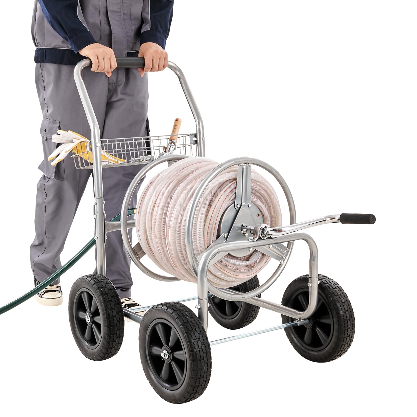 VEVOR Heavy Duty 300 ft Hose Reel Cart with 4 Wheels & Storage Basket - 5/8