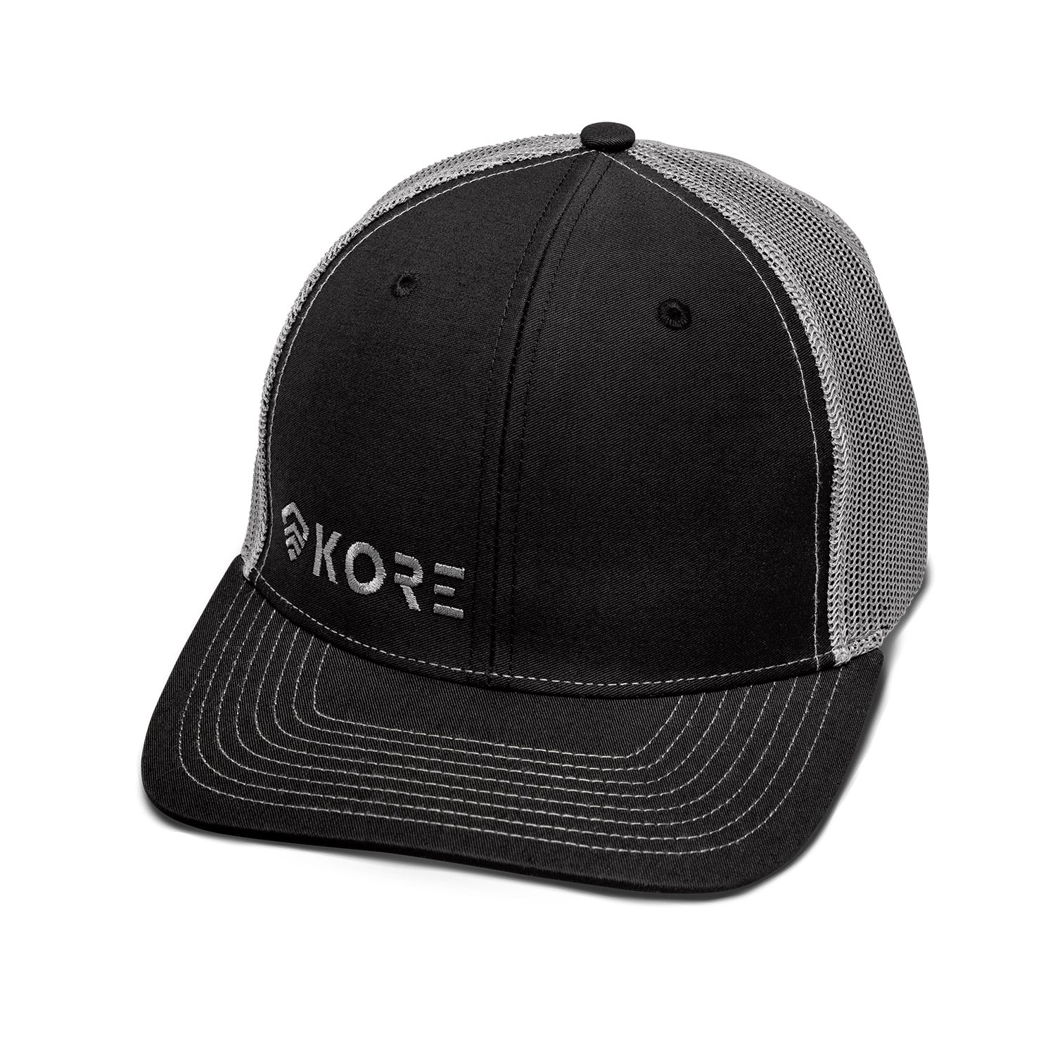 KORE Trucker Hat - Gray on Black Mesh Snapback Cap for Men & Women | Outdoor, Hiking, Fishing & Casual Wear