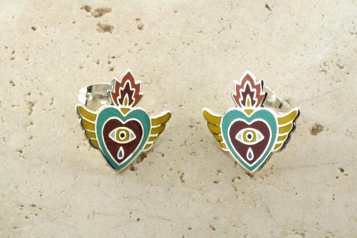 Yellow, Green, Red Enamel Flying Heart Stud Earrings - Sterling Silver Jewelry for Women - Perfect for Valentine's Day Gifts & Everyday Wear