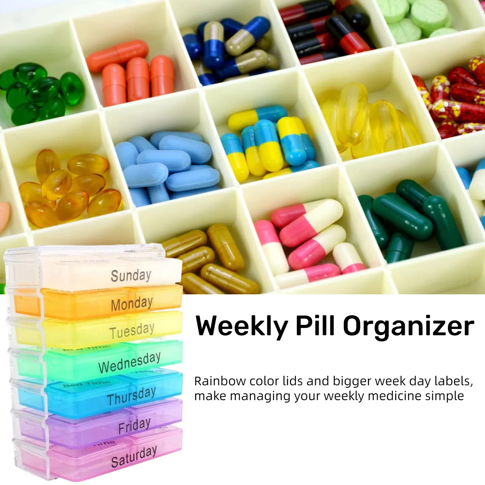 7-Day Weekly Pill Organizer with Daily Compartments - Portable Vitamin & Fish Oil Storage Box - Perfect for Travel, Home, and Office Use