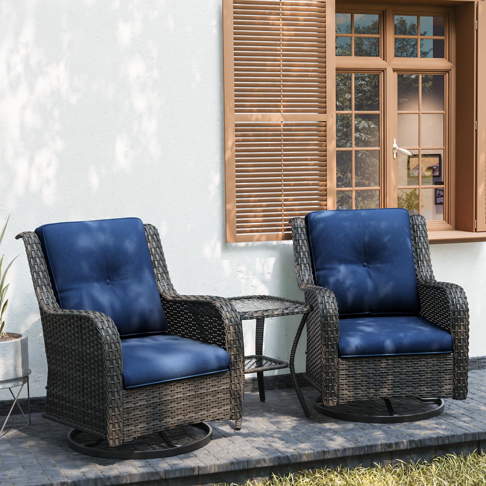 Joyside 3-Piece Outdoor Patio Set - 2 Swivel Rocker Chairs & Matching Side Table with Premium Cushions (Mixed Grey/Blue) - Wicker Bistro Furniture for Backyard, Garden, Poolside & Balcony Relaxation
