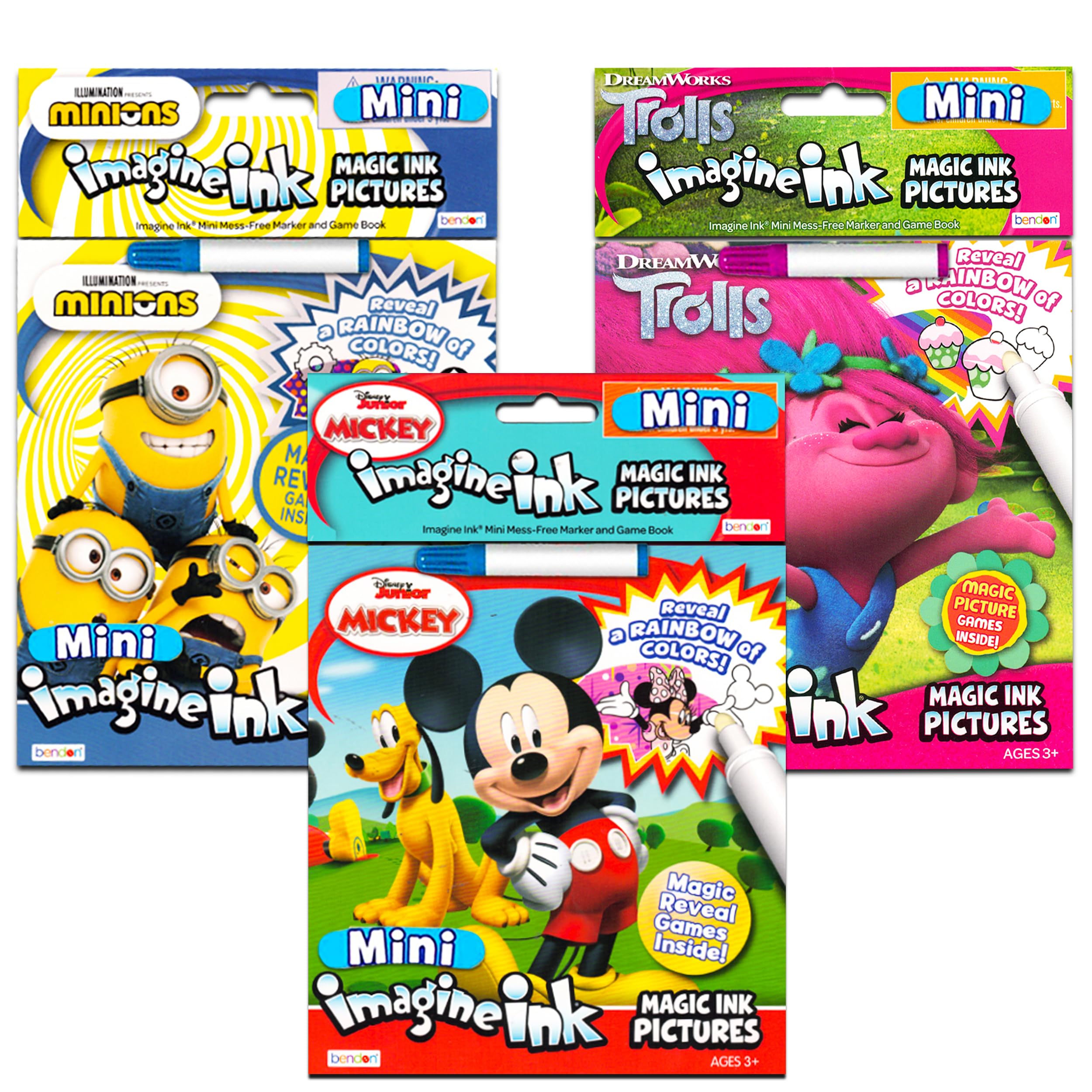 No Mess Magic Coloring Book Set - 3 Imagine Ink Activity Books with Trolls, Minions & Disney Junior Characters | Mess-Free Coloring for Kids Travel, Airplane & Quiet Time Activities