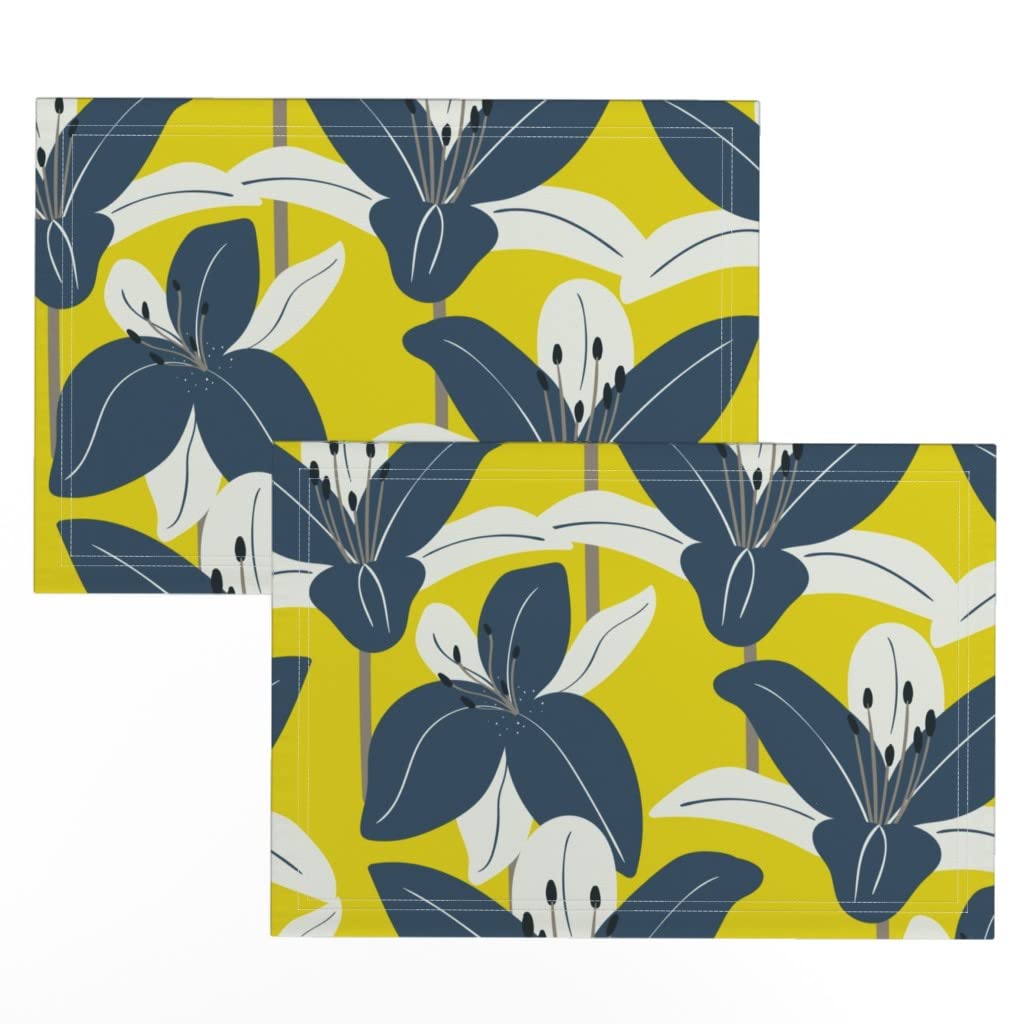 Premium Linen Cotton Canvas Placemats Set of 2 - Blue & Yellow Floral Modern Print Washable Table Mats for Dining Room Decor, Kitchen Table Setting, Party Dinnerware