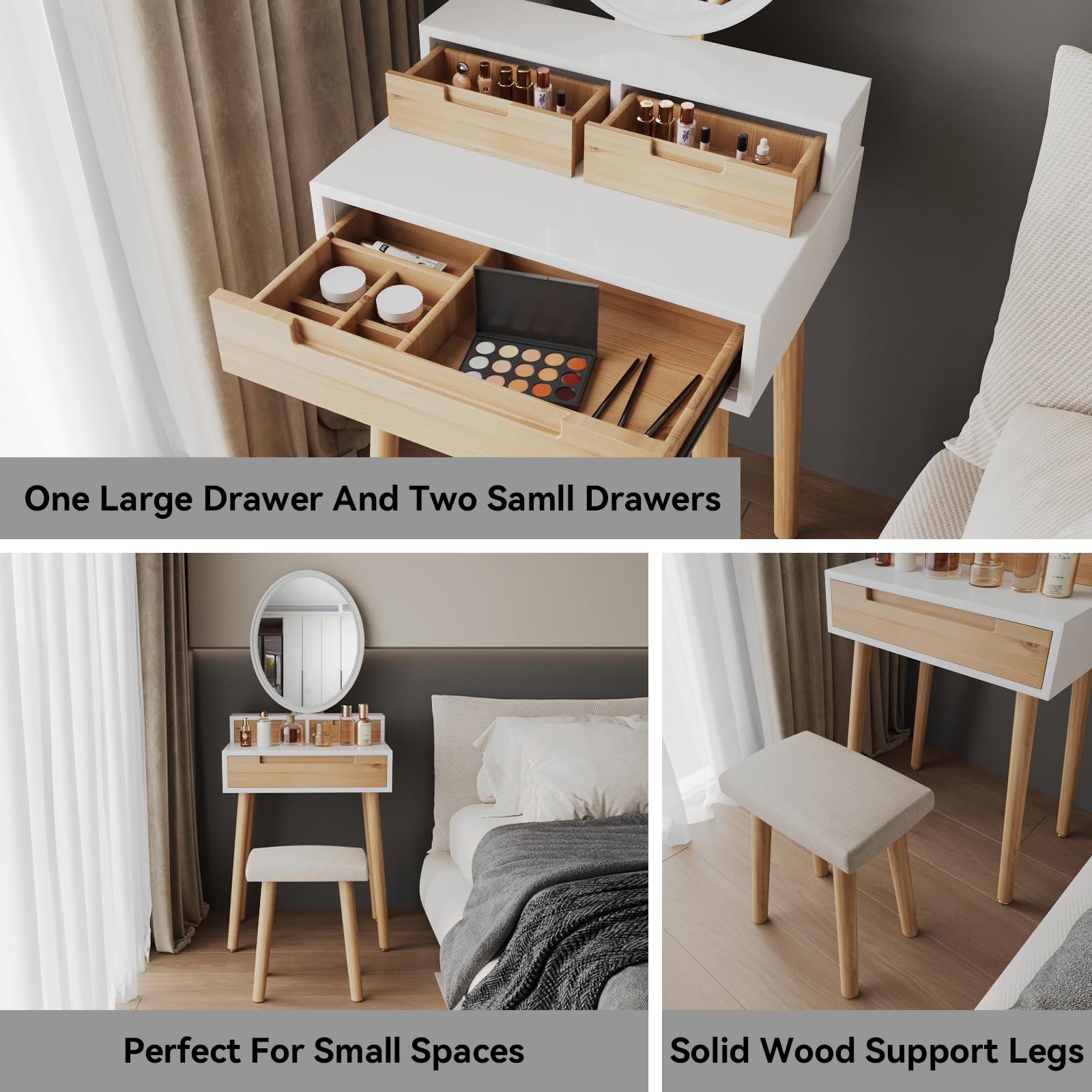 YOURLITE Small Makeup Vanity Desk with LED Lights - Adjustable Brightness Mirror, Compact Dressing Table with Drawers & Storage Shelves for Small Spaces - Perfect for Bedroom, Apartment & Dorm Room Beauty Setup