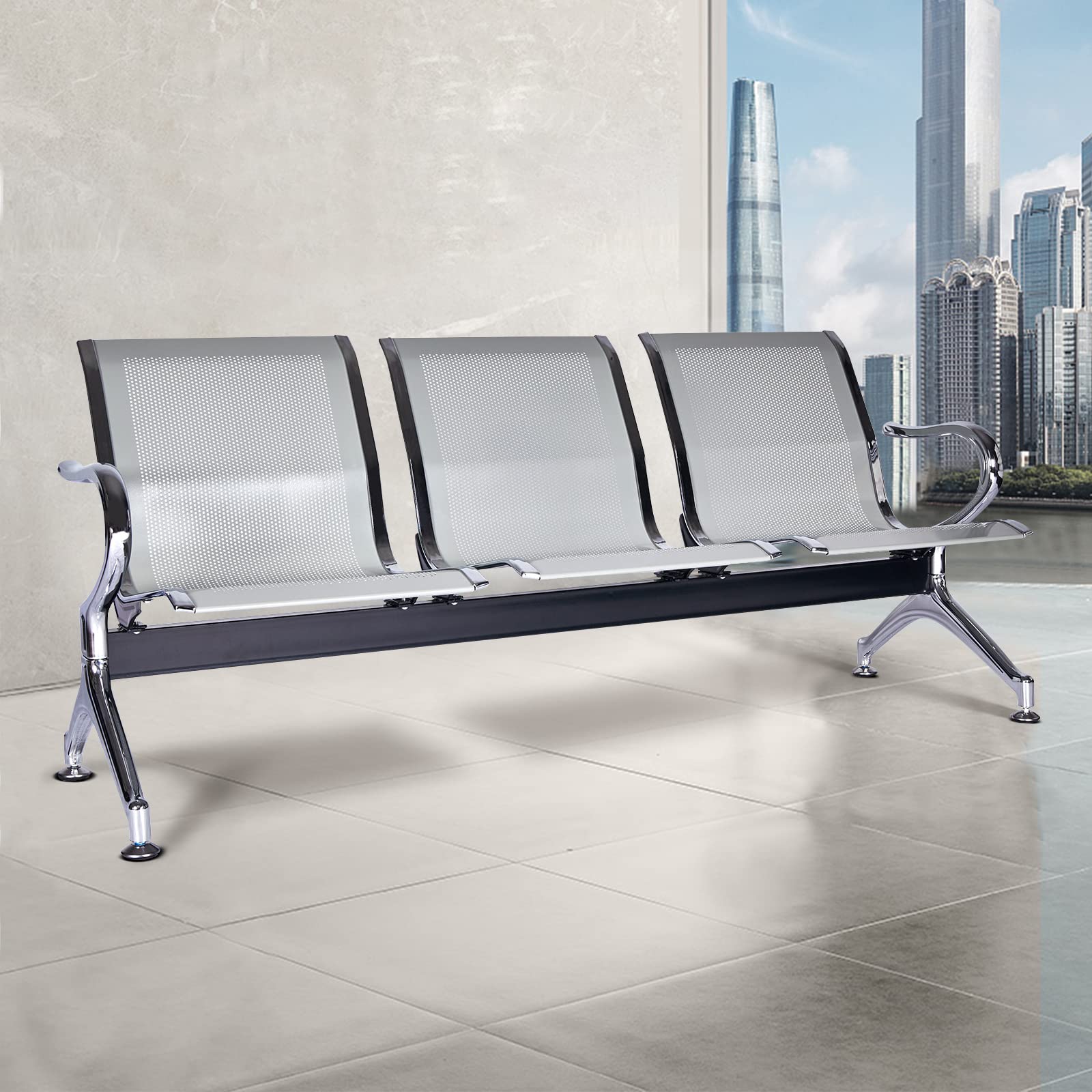 Premium Heavy Duty Waiting Room Chairs - 3-Seater Reception Guest Chairs for Hospitals, Offices, Salons & Barber Shops (Silver) - Durable Seating Solution for High-Traffic Areas