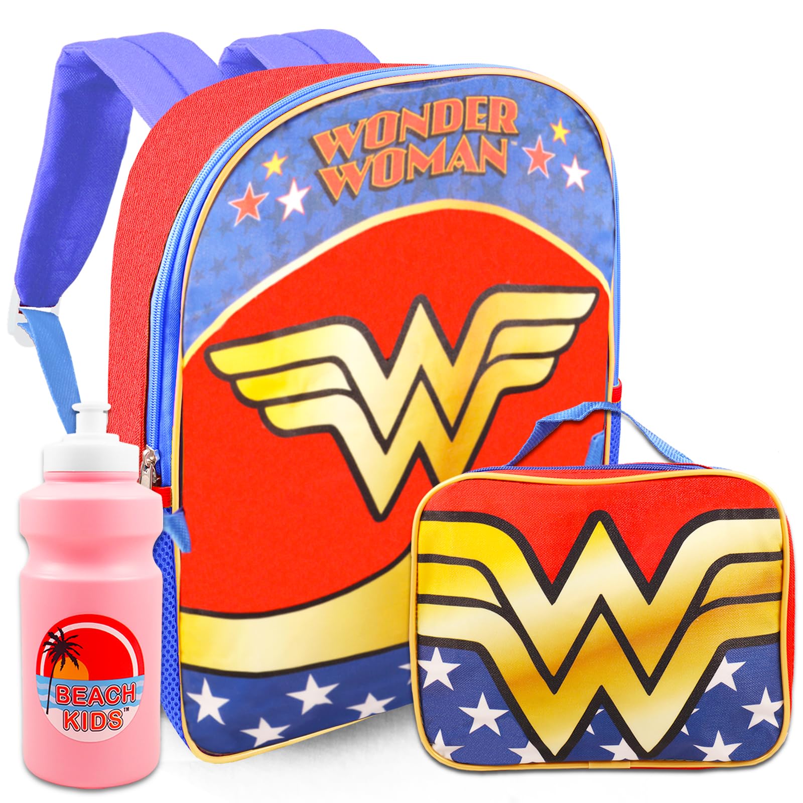 Wonder Woman Backpack Set with Lunch Box & Water Pouch for School & Travel